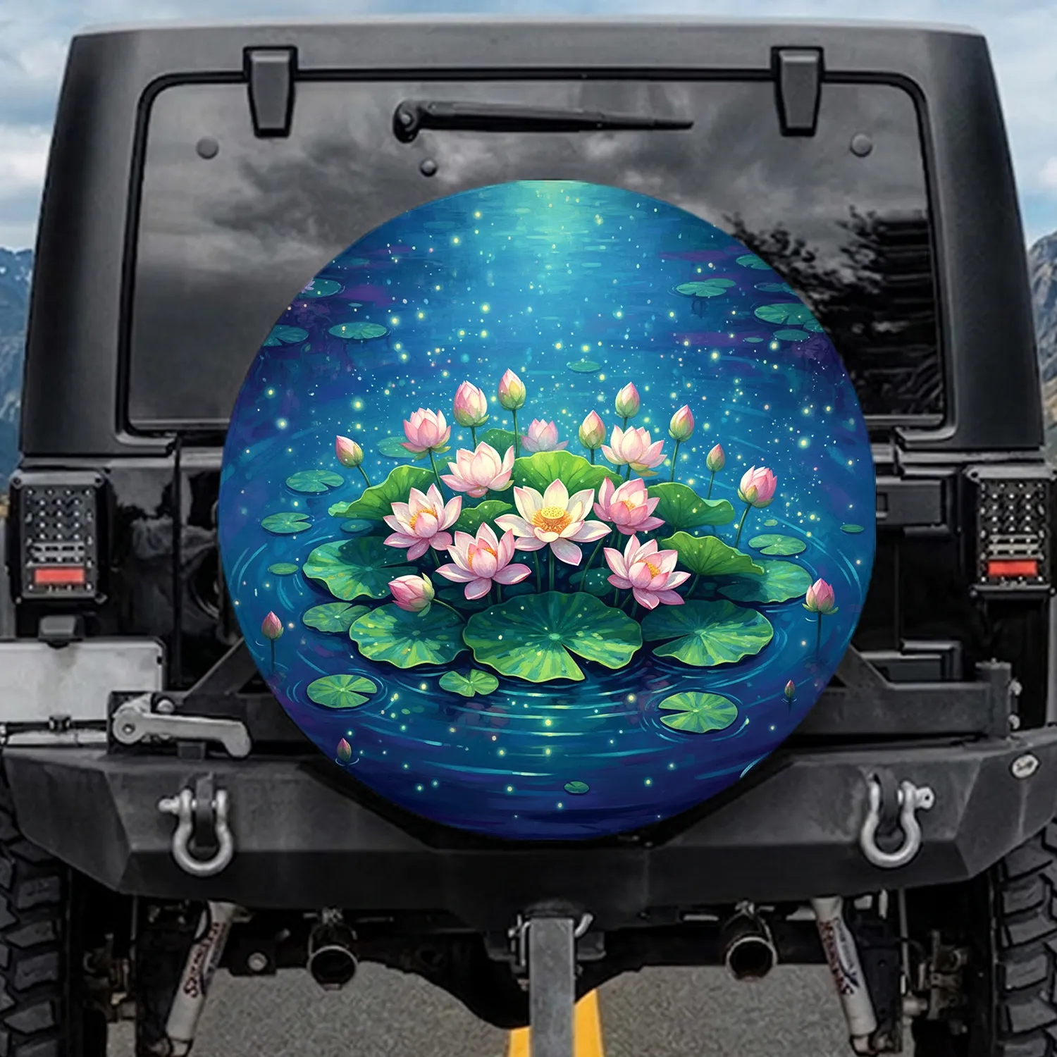 Pink White Lotus Flowers Green Lily Pads Pond Dreamscape - Nature Lover Gift Spare Tire Cover - 1