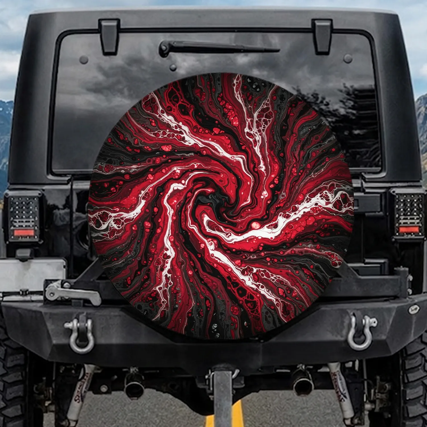 Crimson White Black Swirling Flow Marbled Textures - Travel Essentials Spare Tire Cover - 1