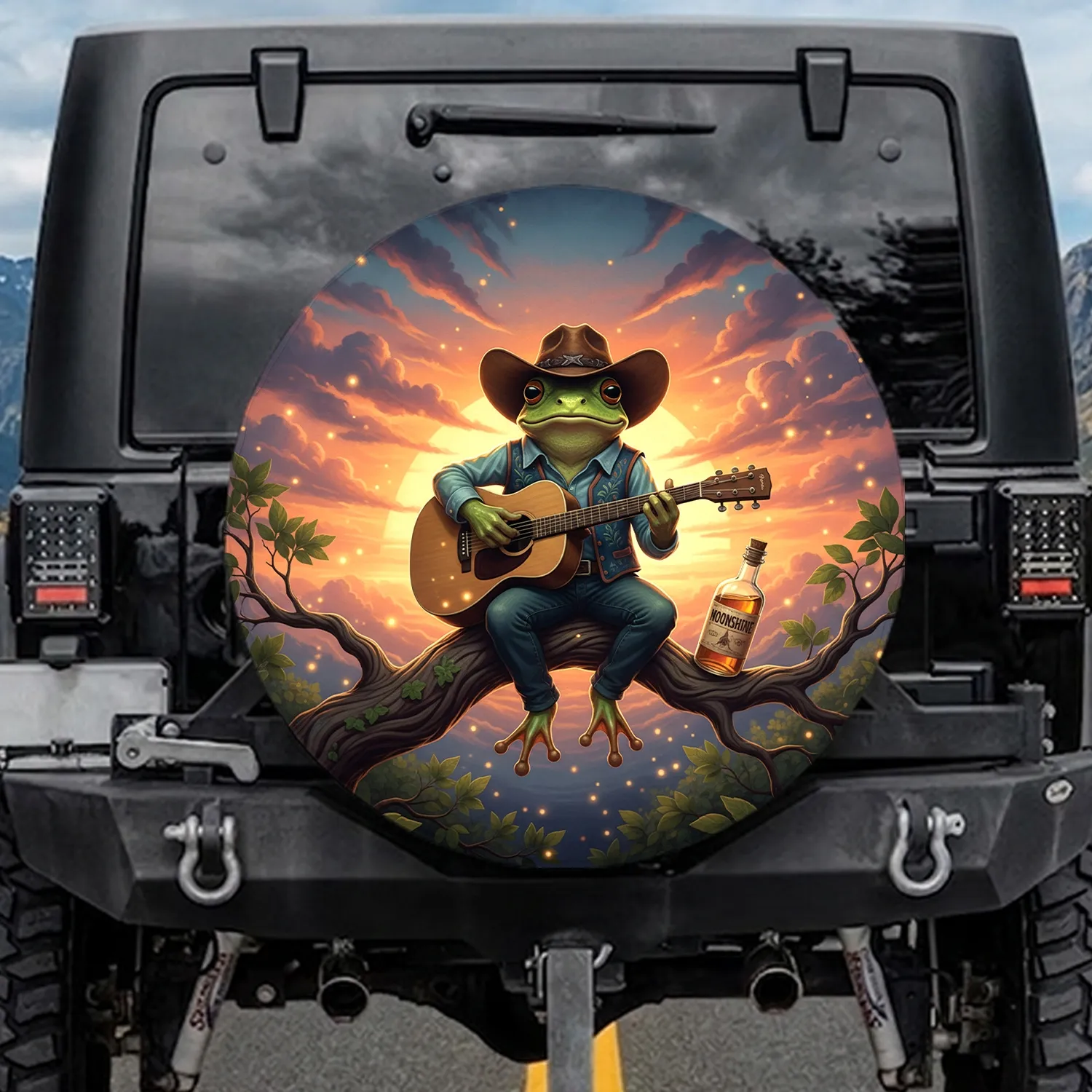 Cowboy Frog Guitar Sunset - Outdoor Music Lover Gift Spare Tire Cover - 1
