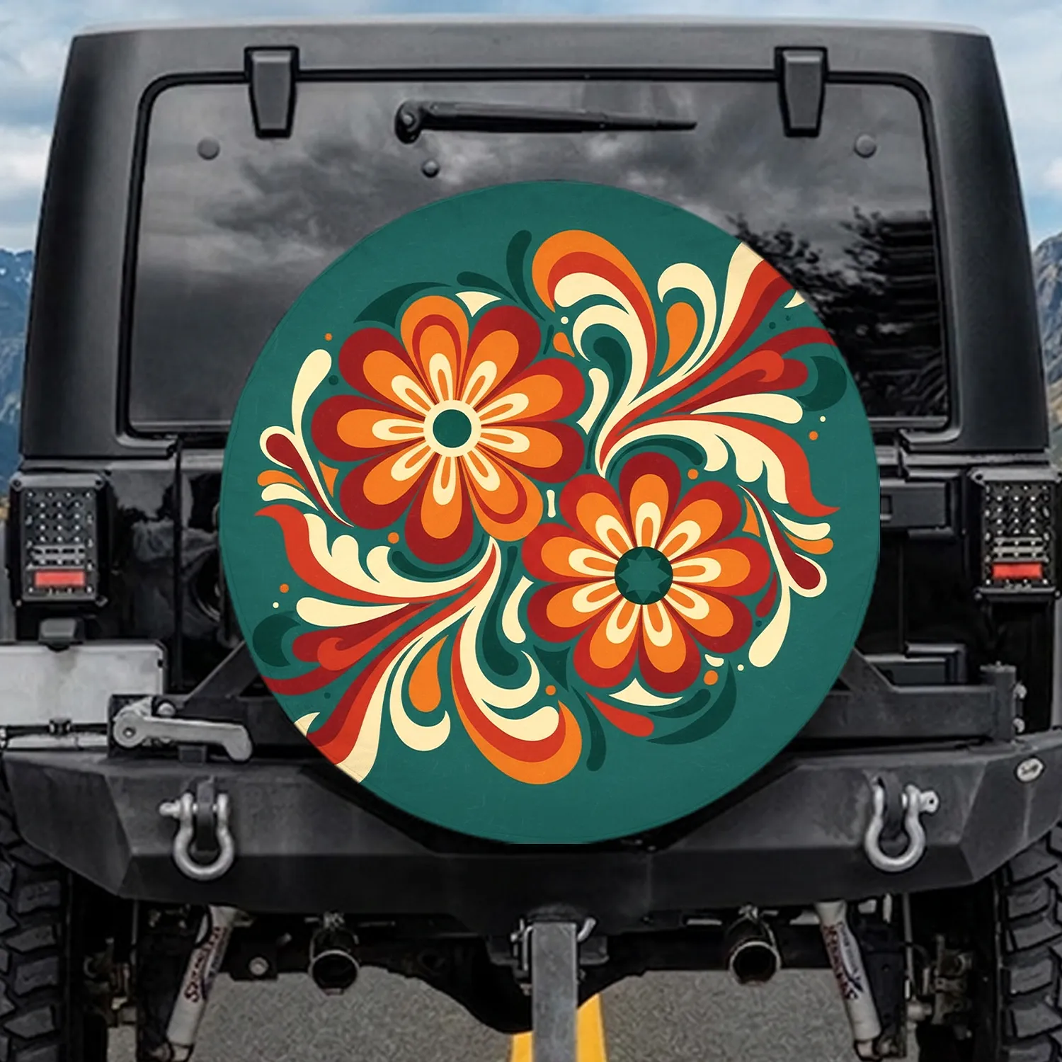 Retro Floral Abstract Waves Organic Leaves - Home Decor Gift for Flower Lover Spare Tire Cover - 1