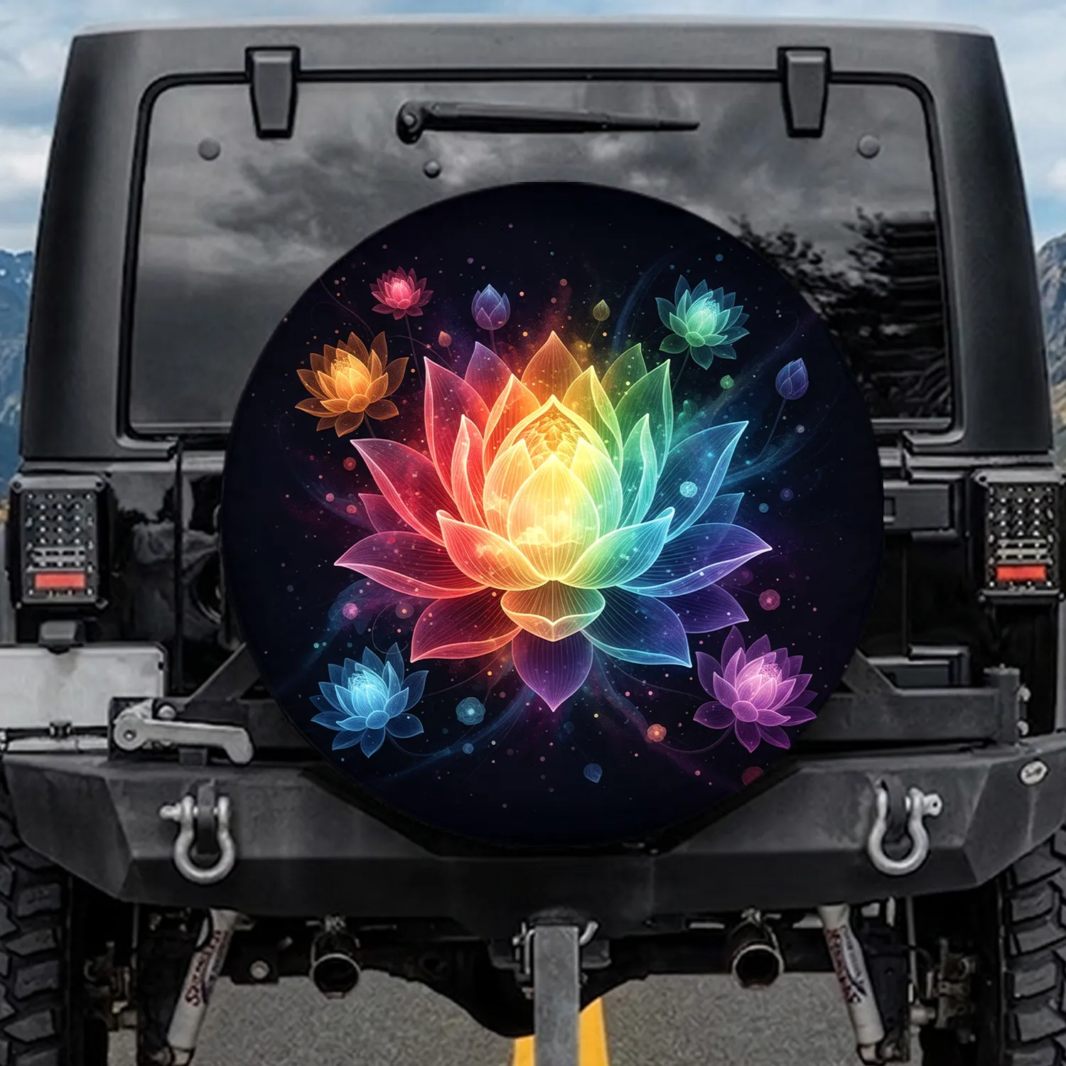 Rainbow Lotus Flower Cosmic Blossoms - Spiritual Home Decor Gift for Yoga Lover Spare Tire Cover - 1