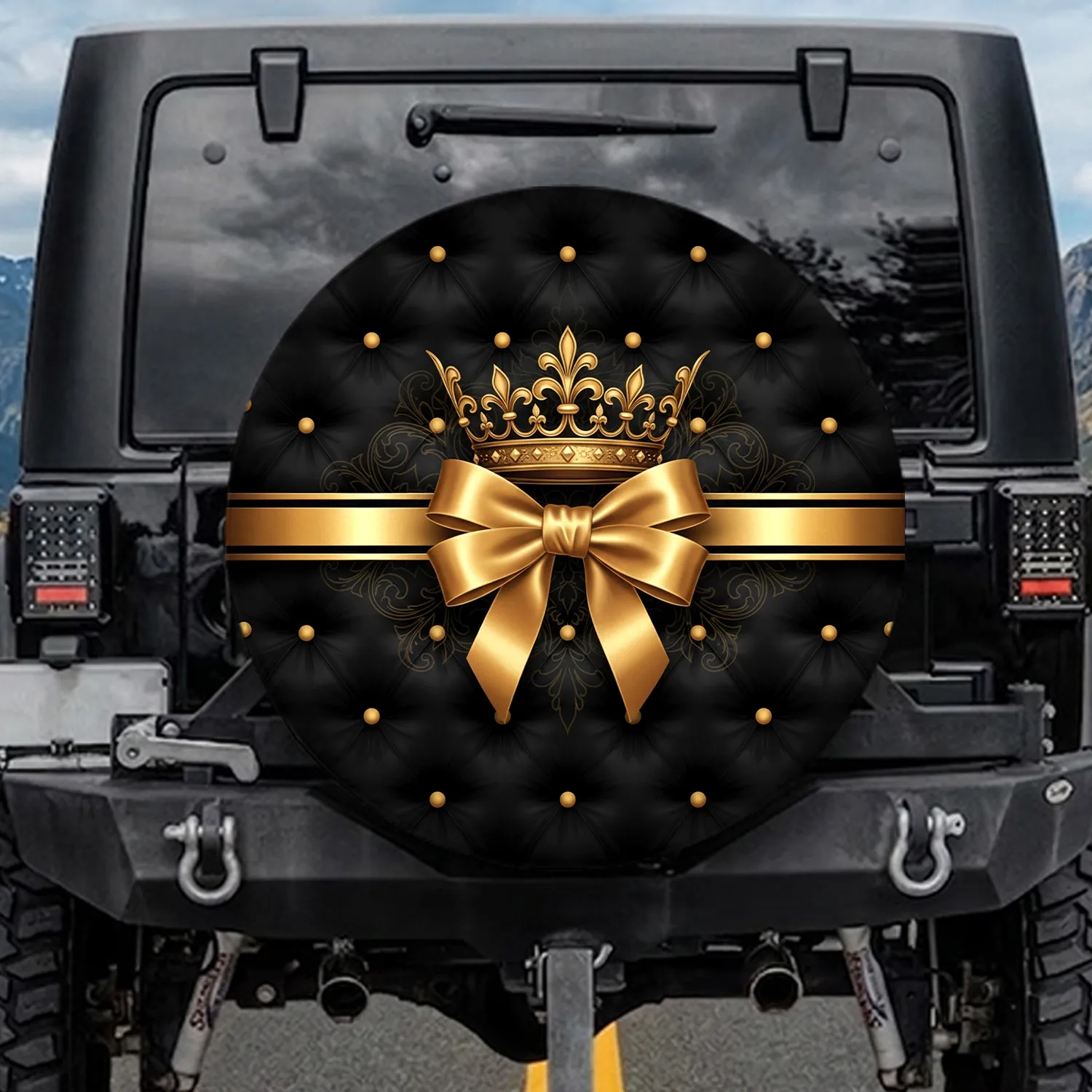 Golden Crown Satin Bow Black Tufted Gold Buttons Filigree Studs Car Enthusiast Gift Spare Tire Cover - 1