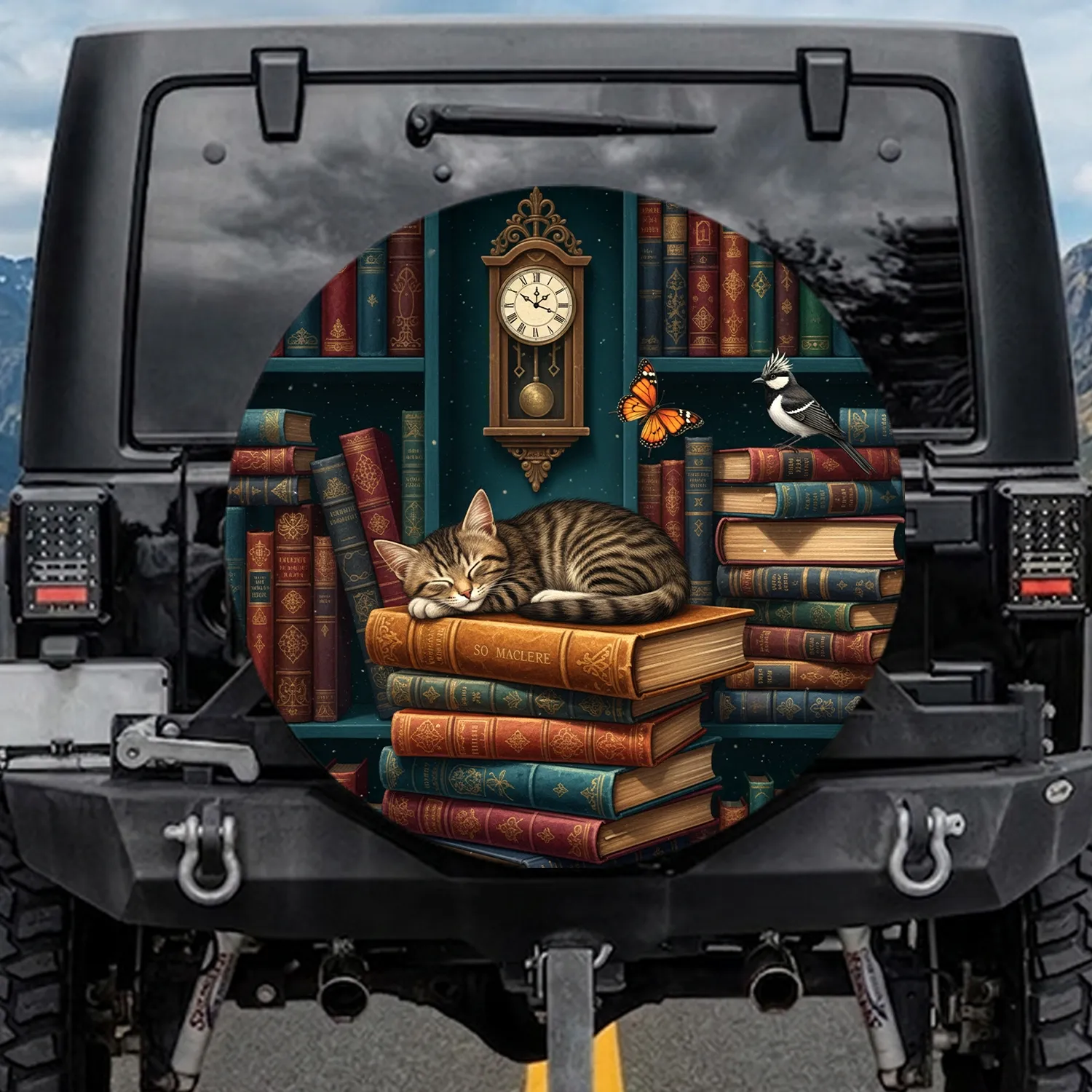 Sleeping Tabby Cat Vintage Books Library - Home Decor Gift for Cat Lover Spare Tire Cover - 1