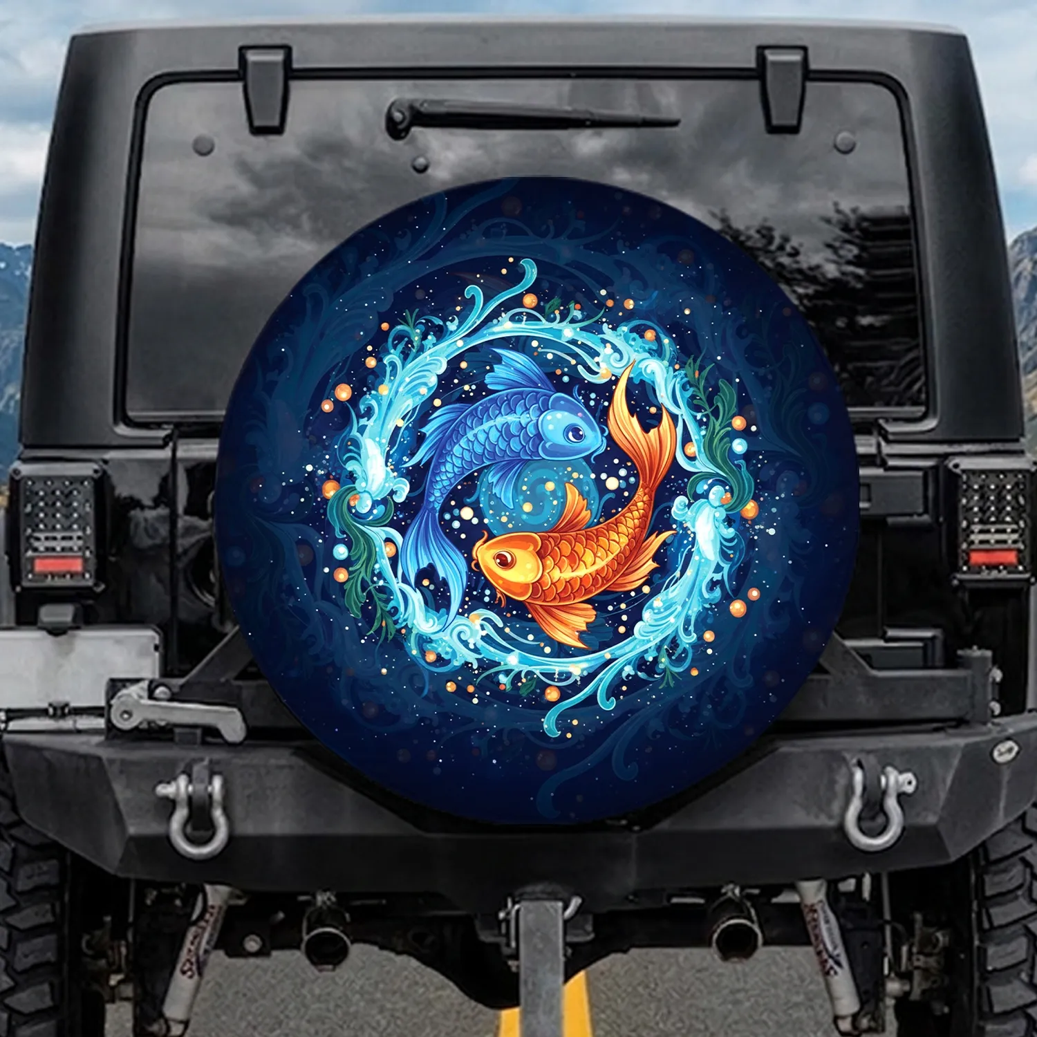 Intertwined Aquatic Fish Yin Yang Glowing Swirls - Ocean Lover Gift Spare Tire Cover - 1