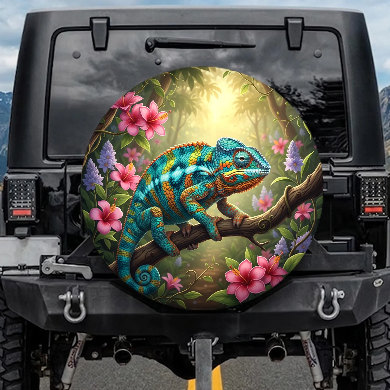 Vibrant Panther Chameleon Tropical Garden Gnarled Branch - Nature Lover Wildlife Gift Spare Tire Cover - 1