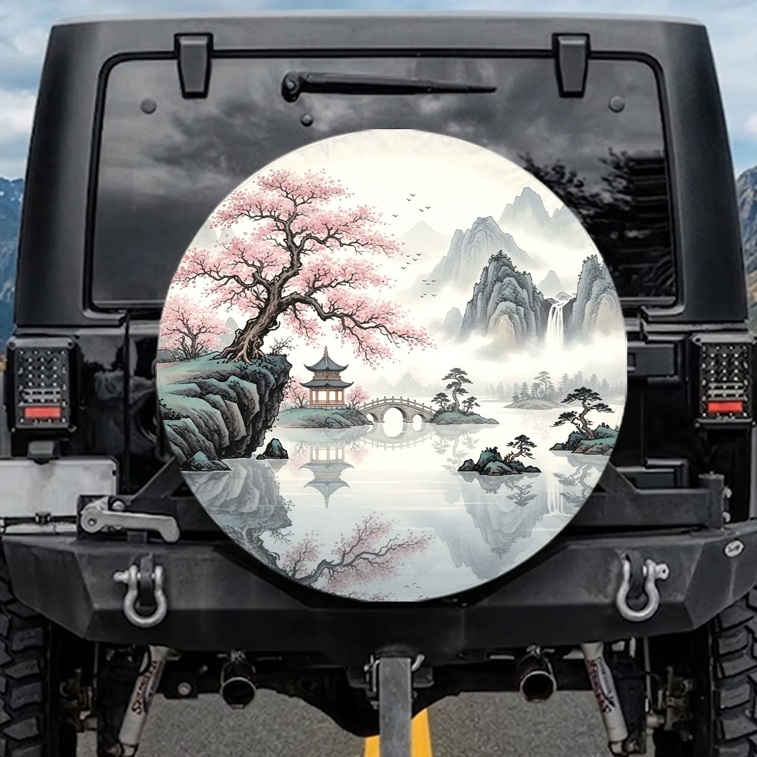 Sakura Lake Pavilion Mountains Pine Trees Waterfalls - Nature Lover Travel Gift Spare Tire Cover - 1