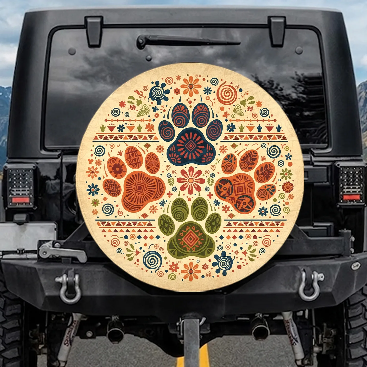 Paw Prints Tribal Flowers Leaves - Bohemian Lifestyle Travel Gift Spare Tire Cover - 1