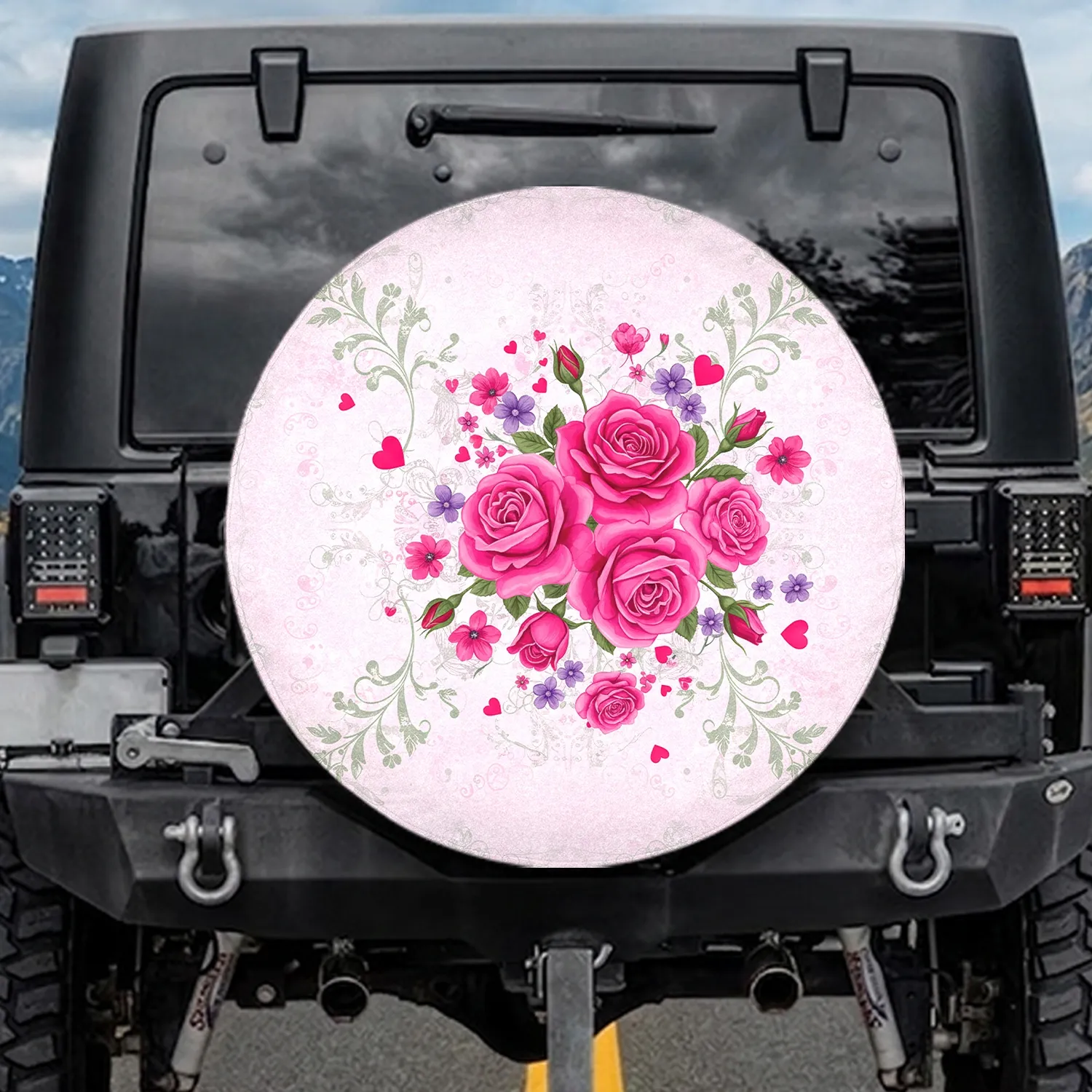Pink Roses Fuchsia Flowers Lavender Hearts Sage Green Vines Outdoor Decor for Garden Lover Spare Tire Cover - 1