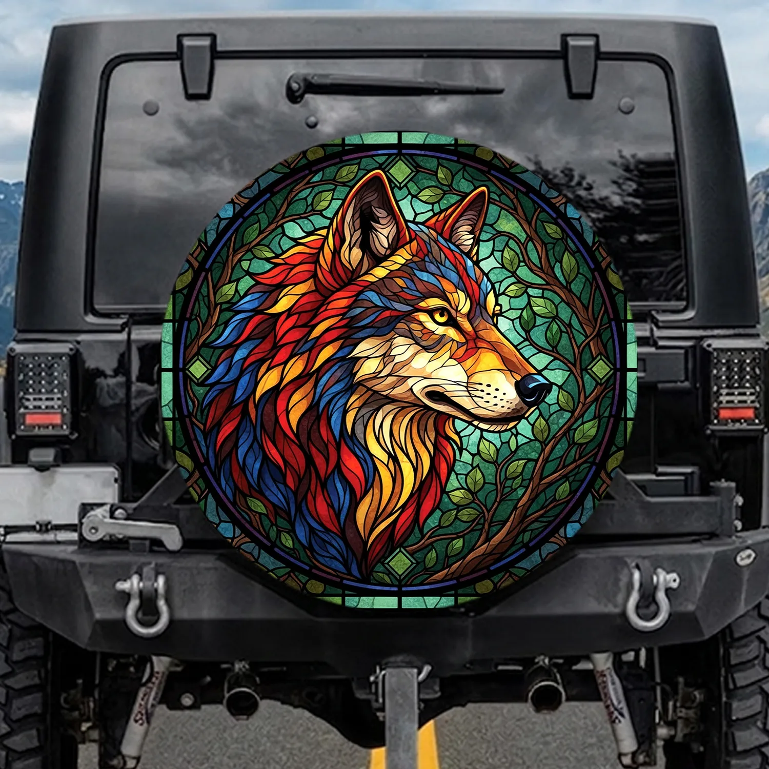 Wolf Head Stained Glass Forest Branches Leaves - Wildlife Lover Gift for Wolf Lovers Spare Tire Cover - 1