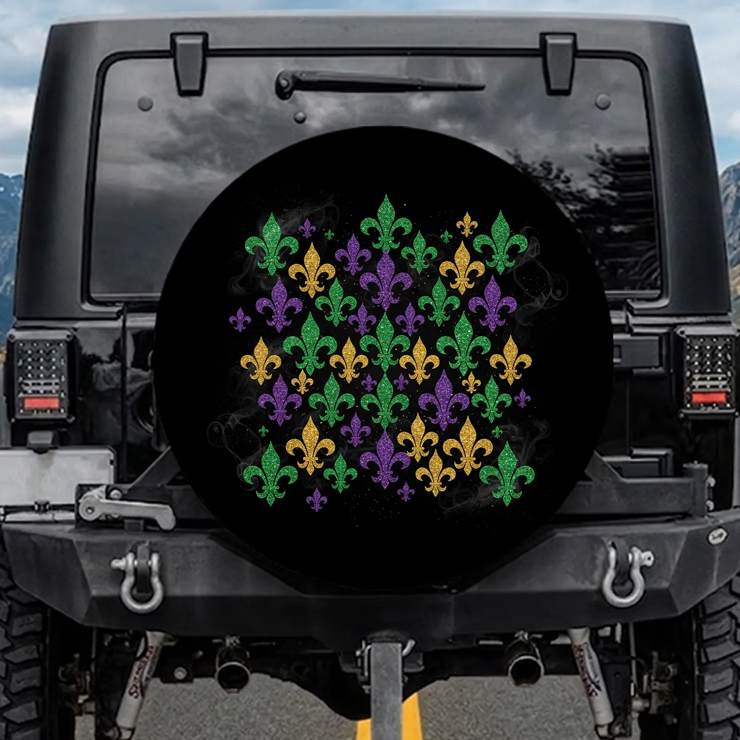 Sparkling Emerald Purple Gold Ornate Fleur-de-Lis Symbols - Celebration Gift Spare Tire Cover - 1