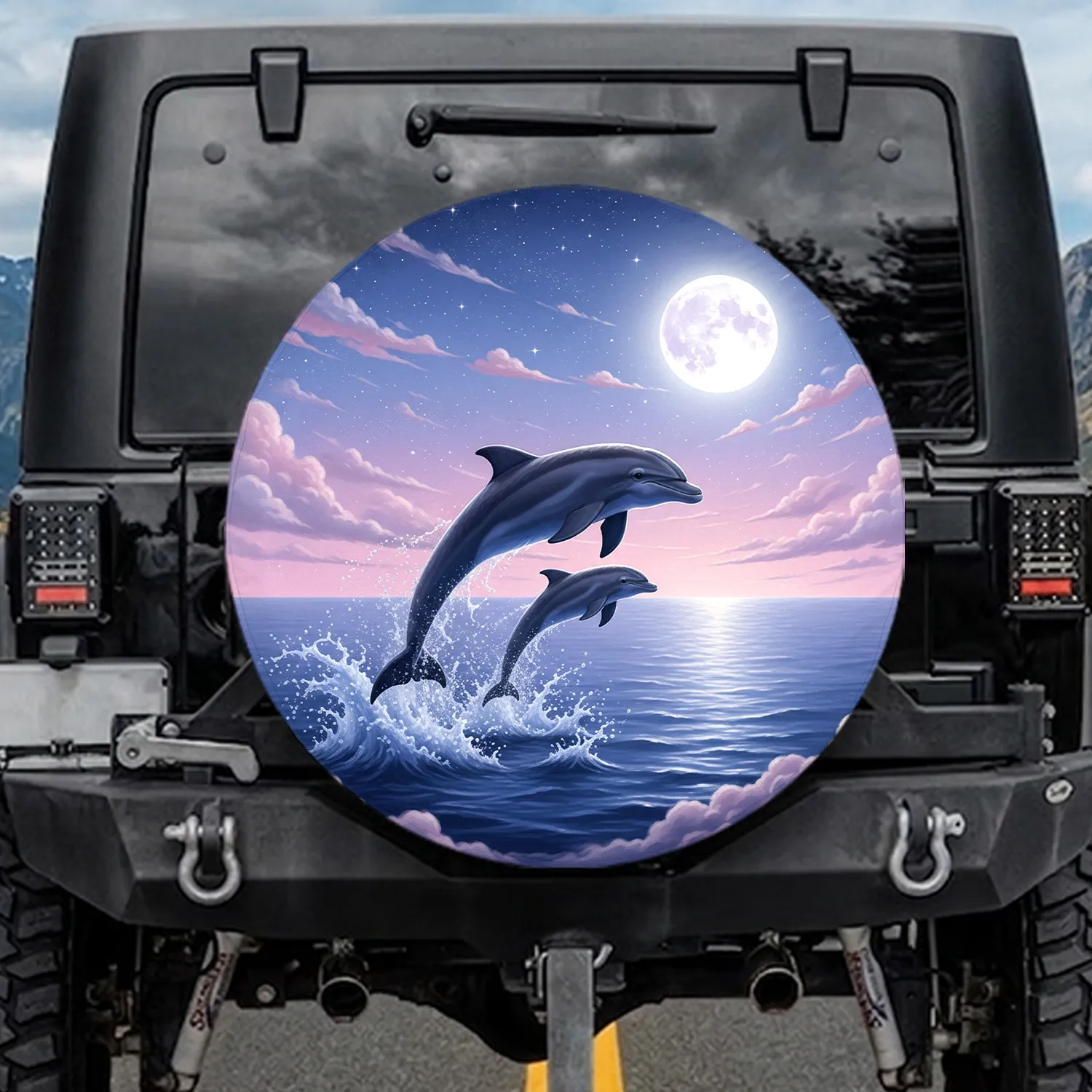 Dolphins Leaping Moon Ocean Stars - Wildlife Lover Gift Spare Tire Cover - 1