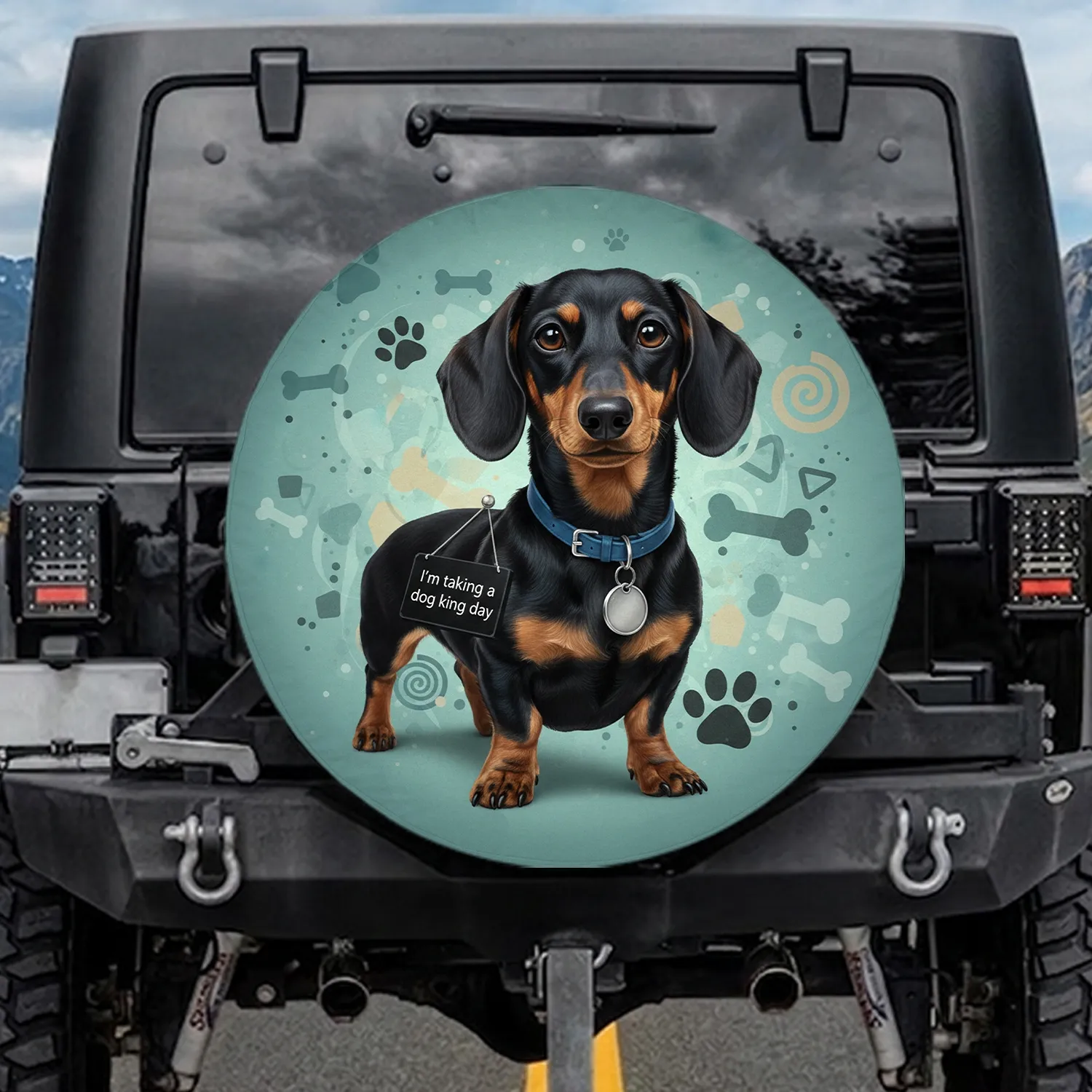 Black Tan Dachshund Dog 'I''m Haking A Hog King Day' Dog Lover Gift for Pet Parents Spare Tire Cover - 1