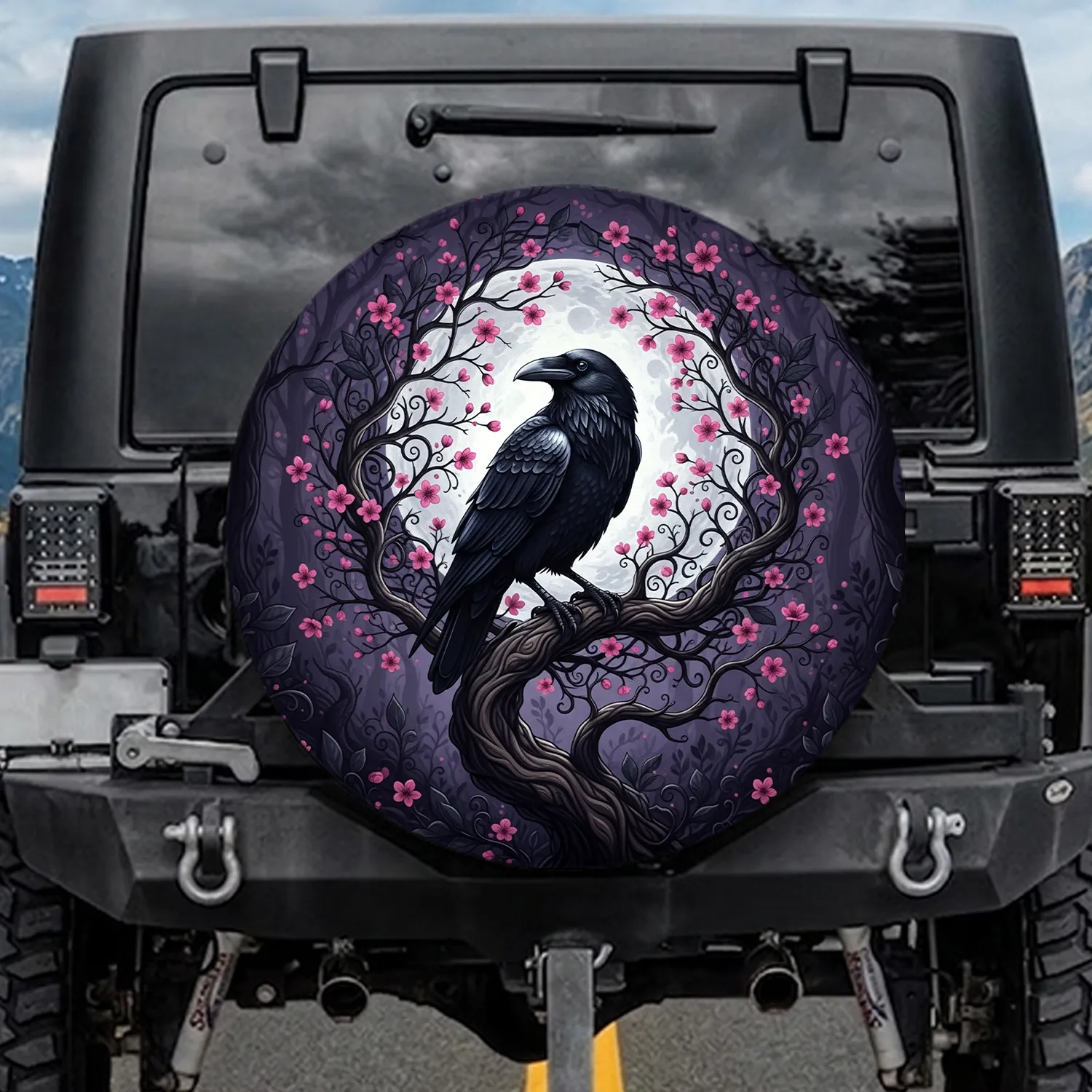 Black Raven Full Moon Cherry Blossoms - Gothic Decor Gift for Raven Lover Spare Tire Cover - 1