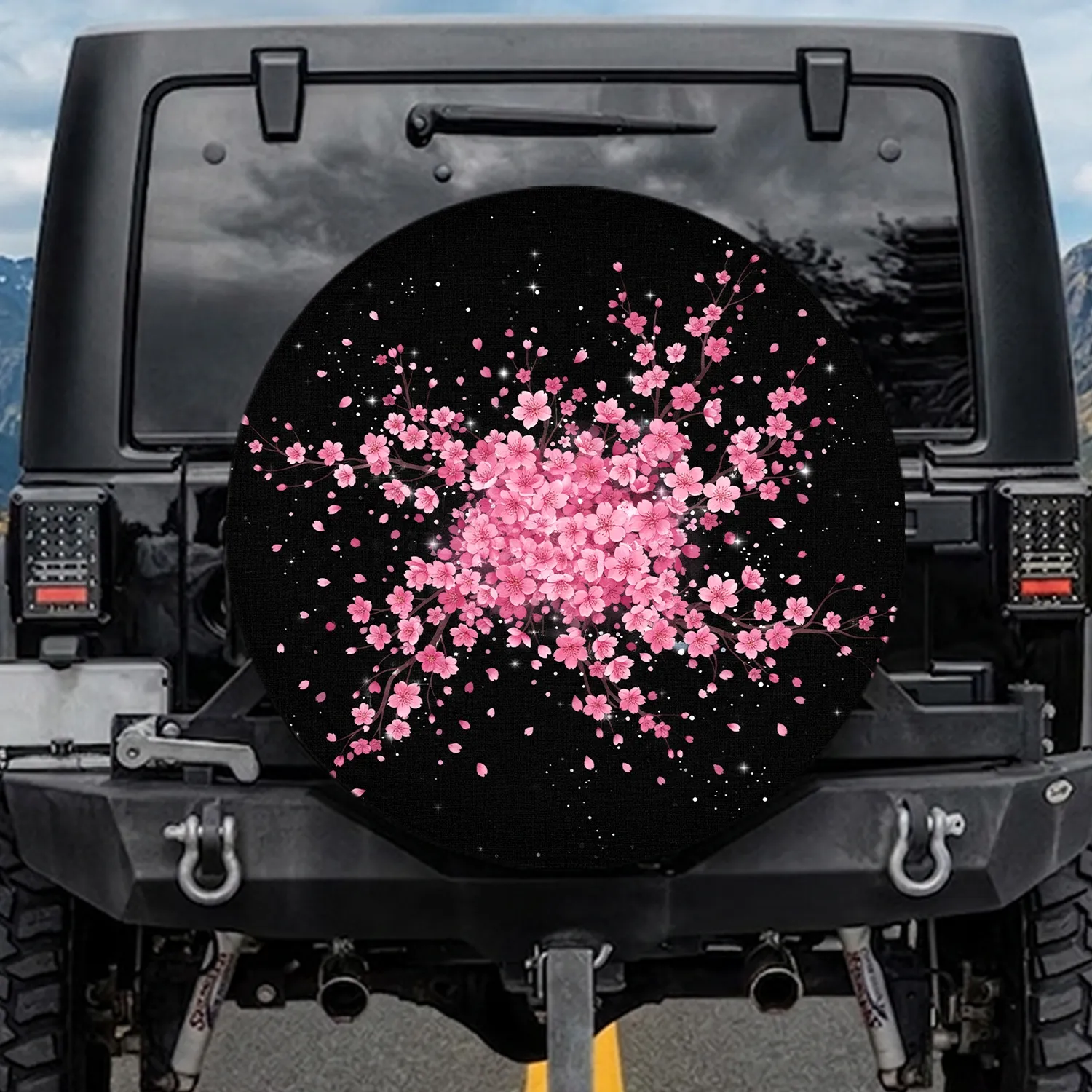 Pink Cherry Blossoms Falling Petals Black Stardust - Nature Lover Gift Spare Tire Cover - 1