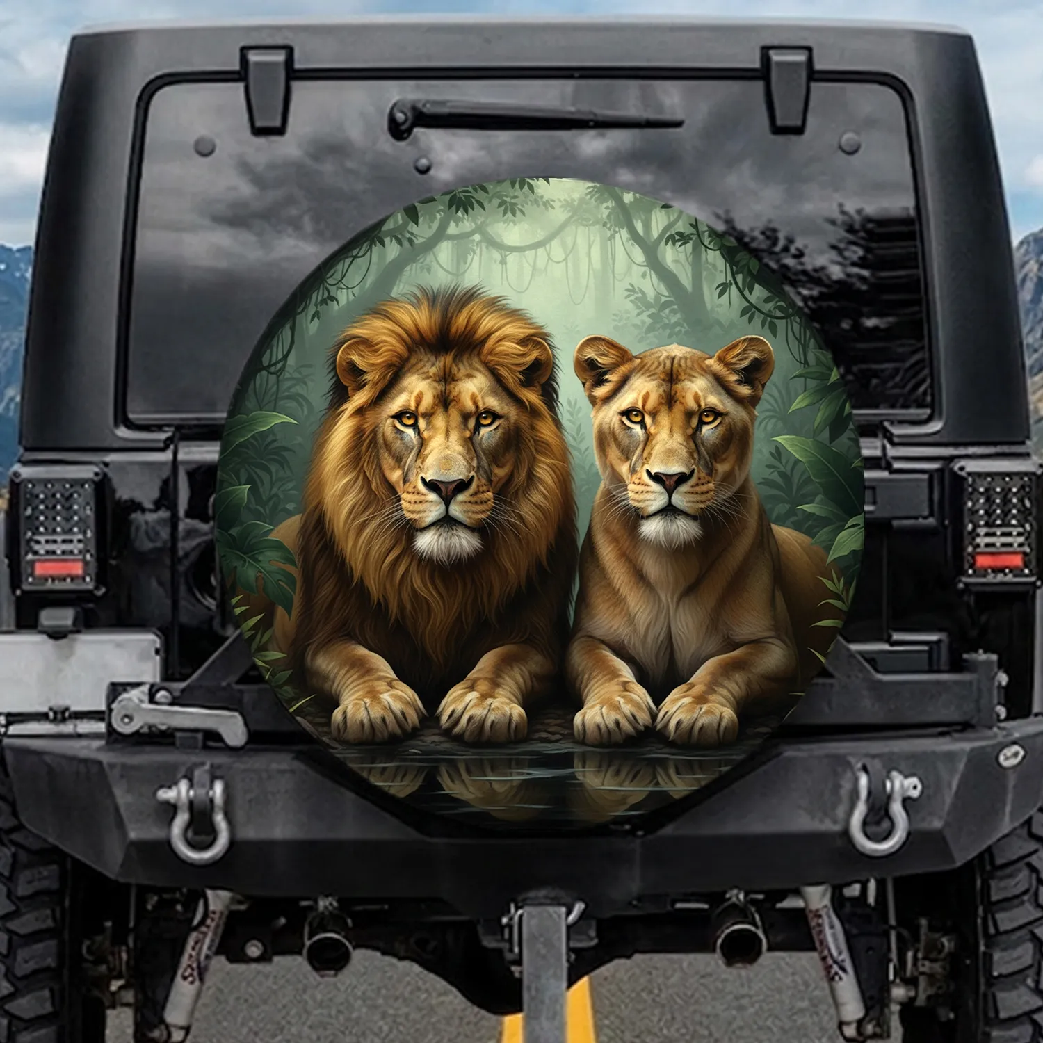 Male Lion Female Lioness Tropical Jungle Foliage - Wildlife Lover Gift Spare Tire Cover - 1