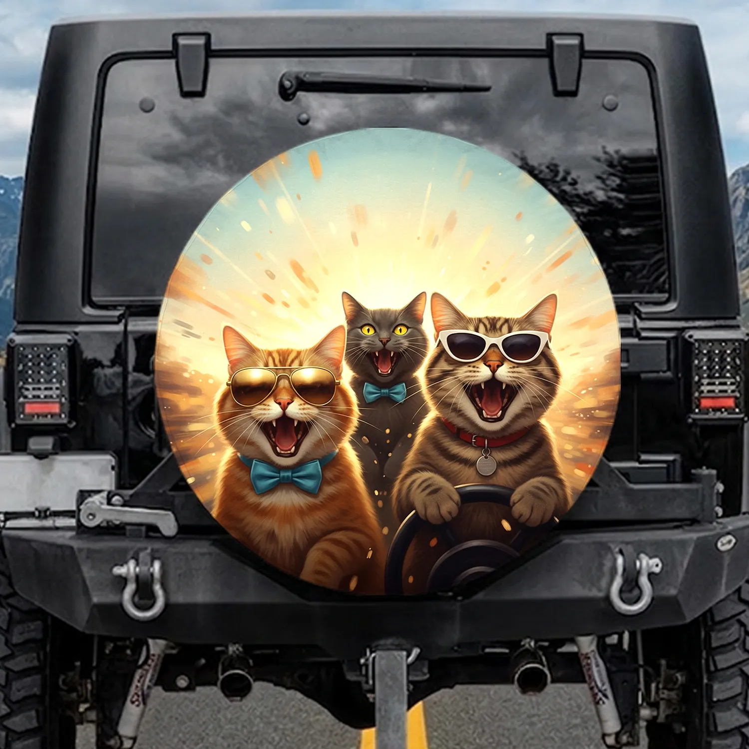 Excited Cats Sunglasses Bowties - Adventure Travel Gift For Pet Owners Spare Tire Cover - 1