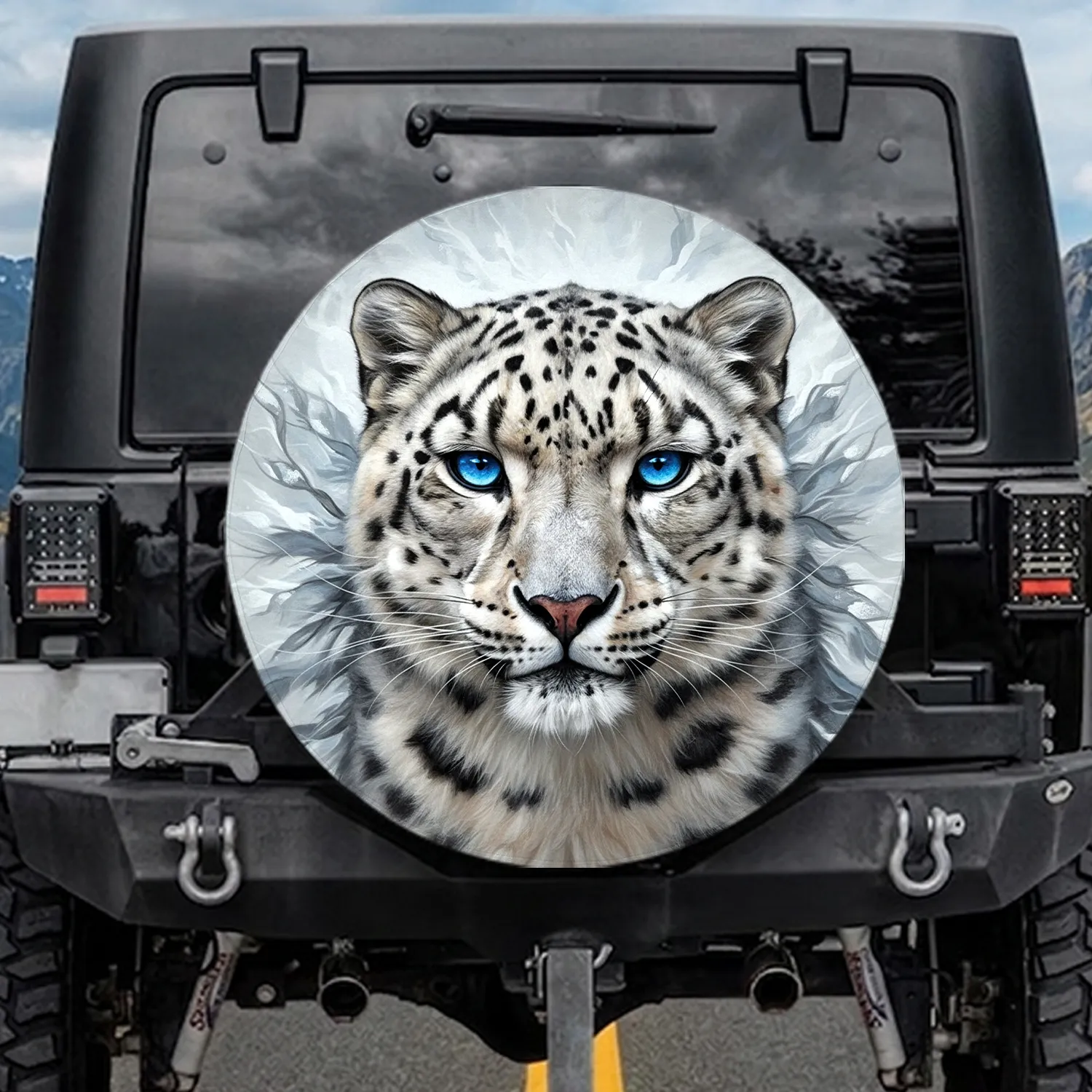 Snow Leopard Electric Blue Eyes White Grey Fur Cold Mountain Habitat - Wildlife Lover Gift Spare Tire Cover - 1