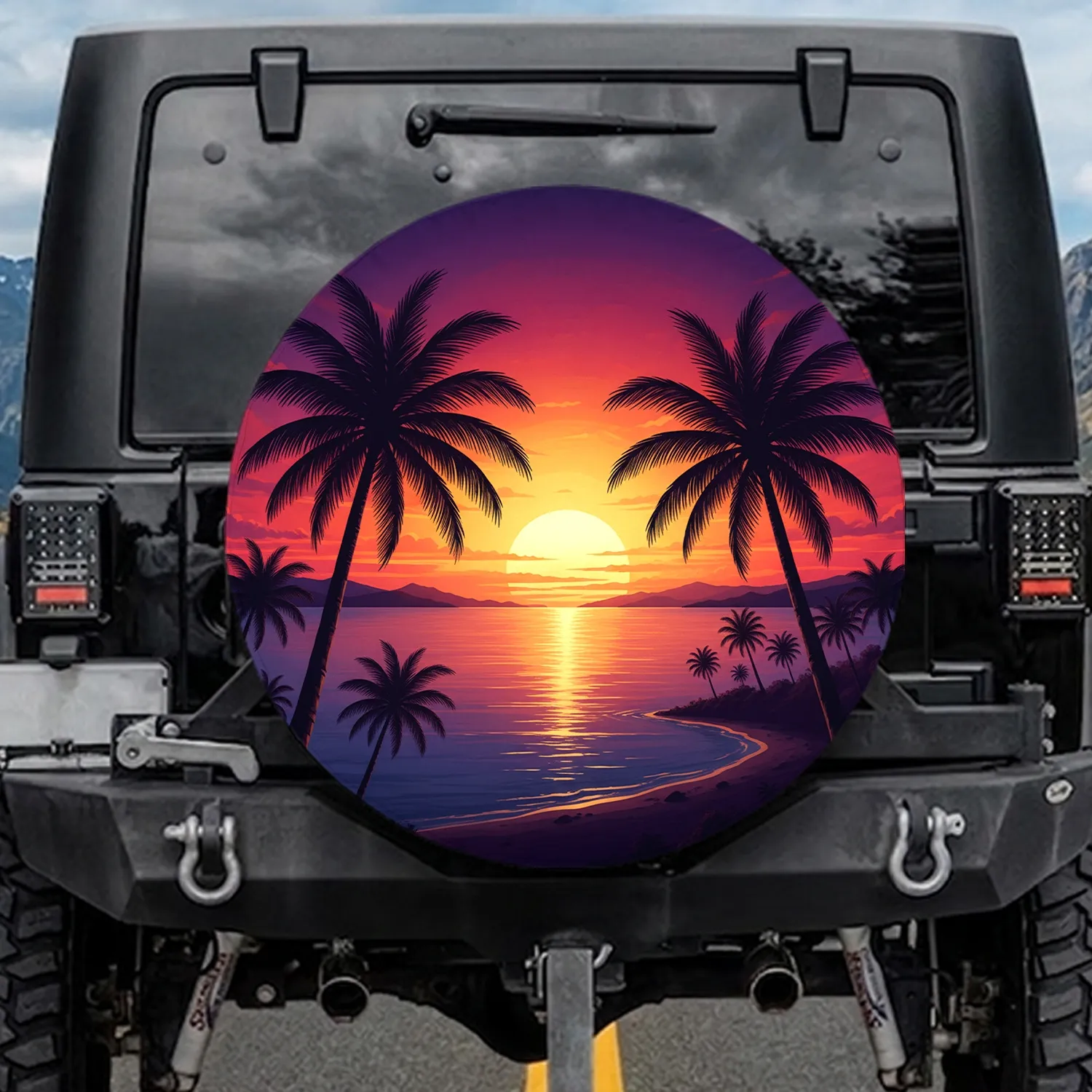 Golden Setting Sun Palm Trees Ocean Horizon - Tropical Decor Gift for Beach Lover Spare Tire Cover - 1
