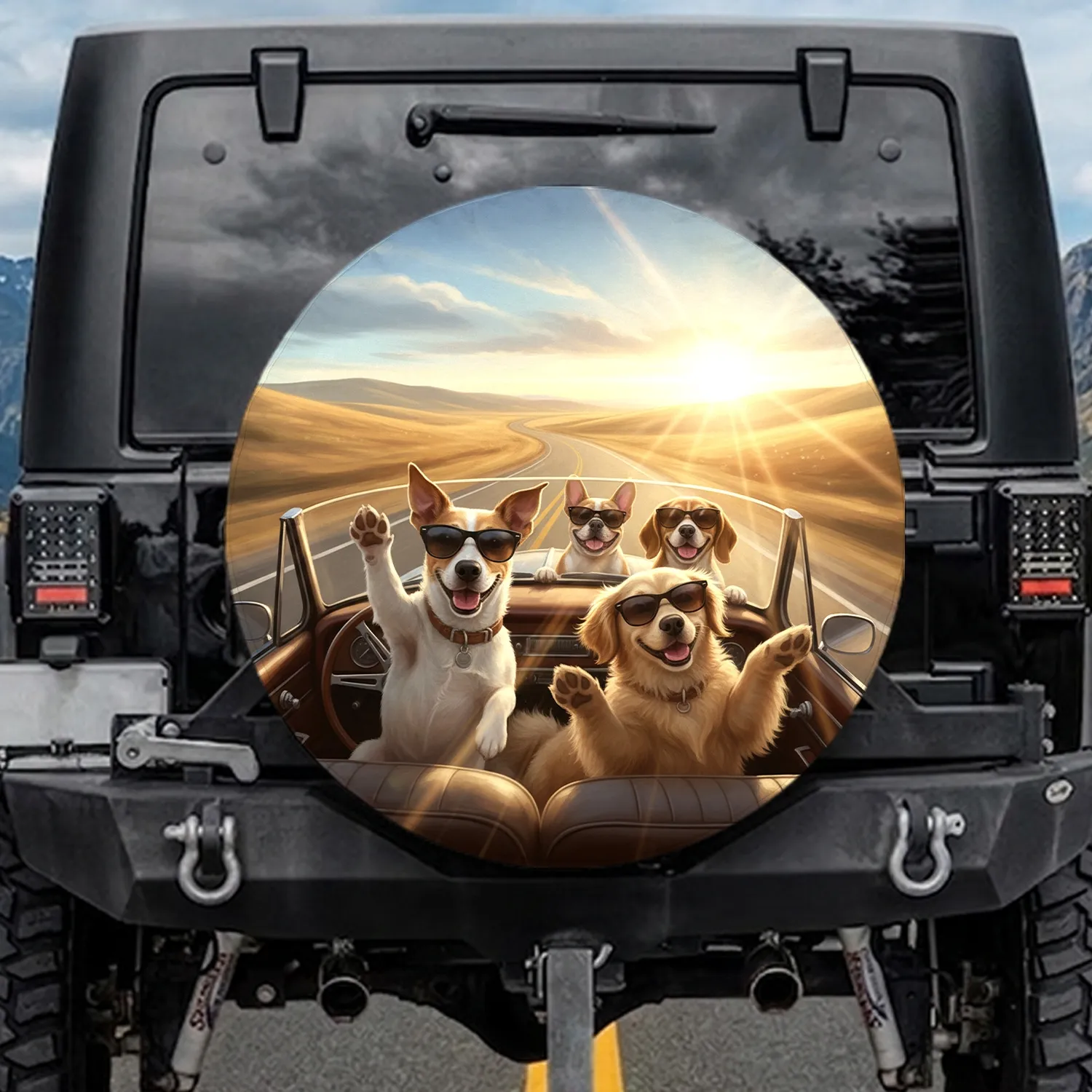 Sunglass Dogs Golden Hour Road Trip Landscape - Traveler Gift for Dog Lover Spare Tire Cover - 1