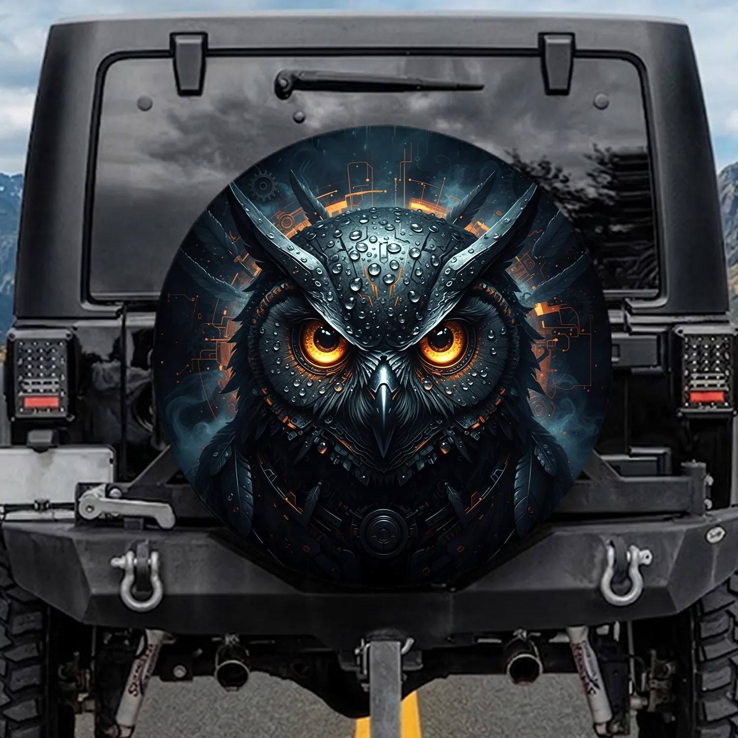 Menacing Dark Metallic Cybernetic Owl Head Glowing Golden-Orange Eyes - Sci-Fi Enthusiast Gift Spare Tire Cover - 1