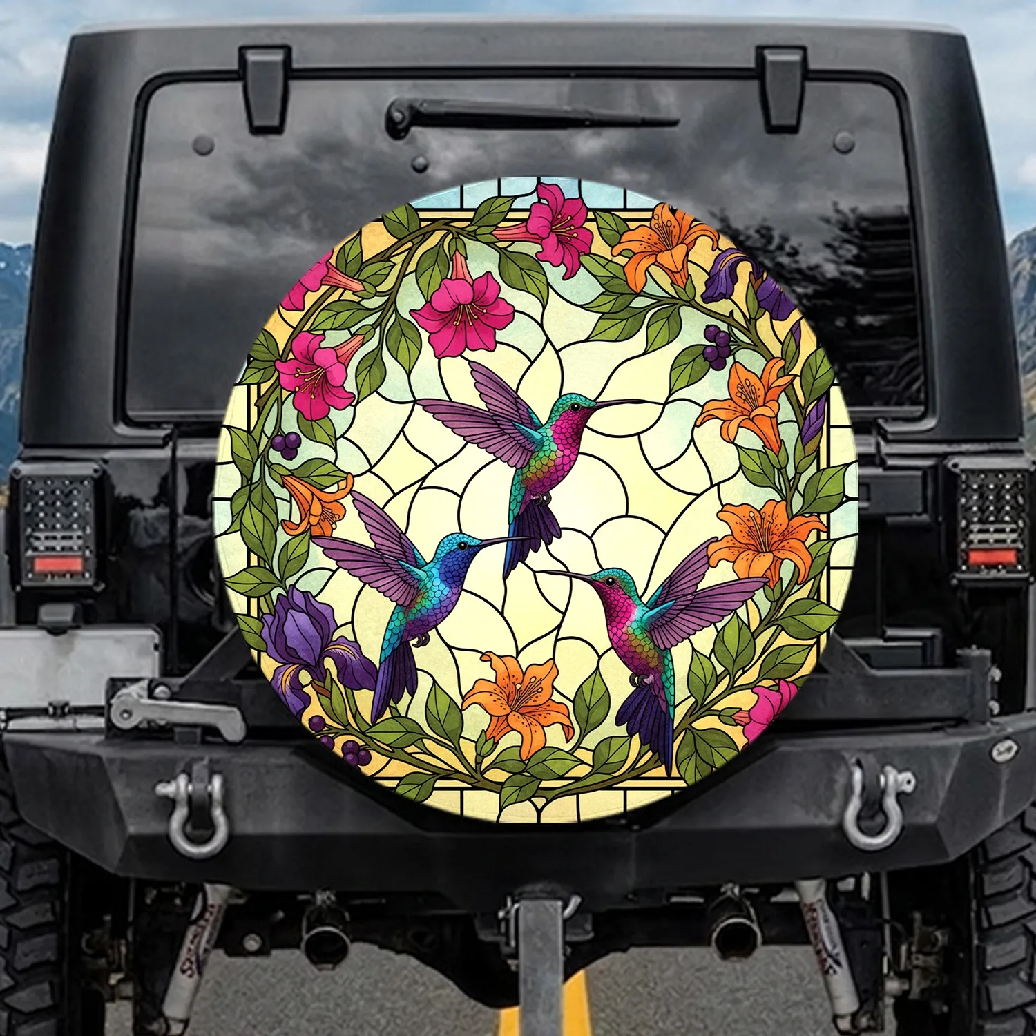 Hummingbird Flower Mosaic Stained Glass - Garden Lover Home Decor Gift Spare Tire Cover - 1