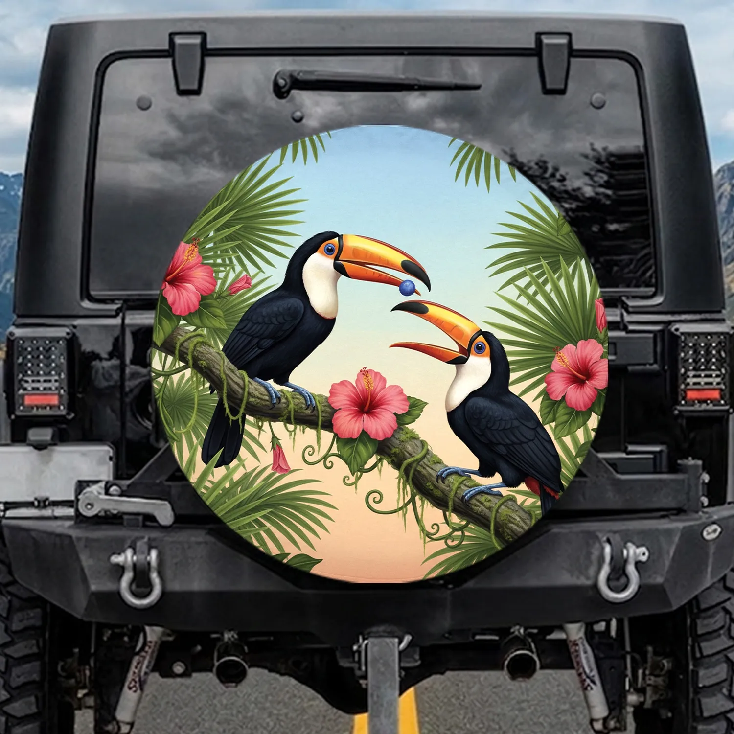 Toco Toucans Tropical Hibiscus Flowers - Wildlife Lover Gift for Bird Lover Spare Tire Cover - 1