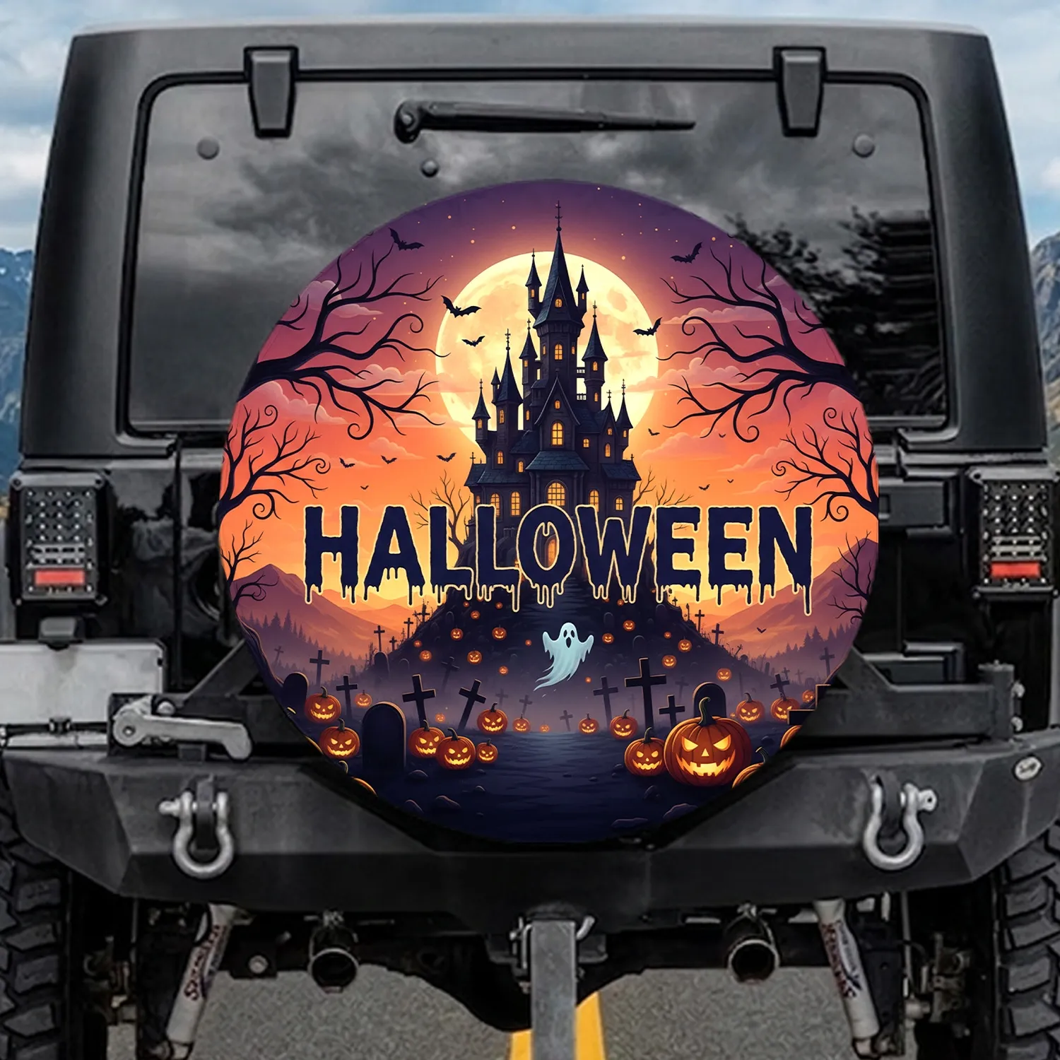 Dripping Halloween Text Haunted Castle Graveyard Pumpkins - Halloween Party Spare Tire Cover - 1