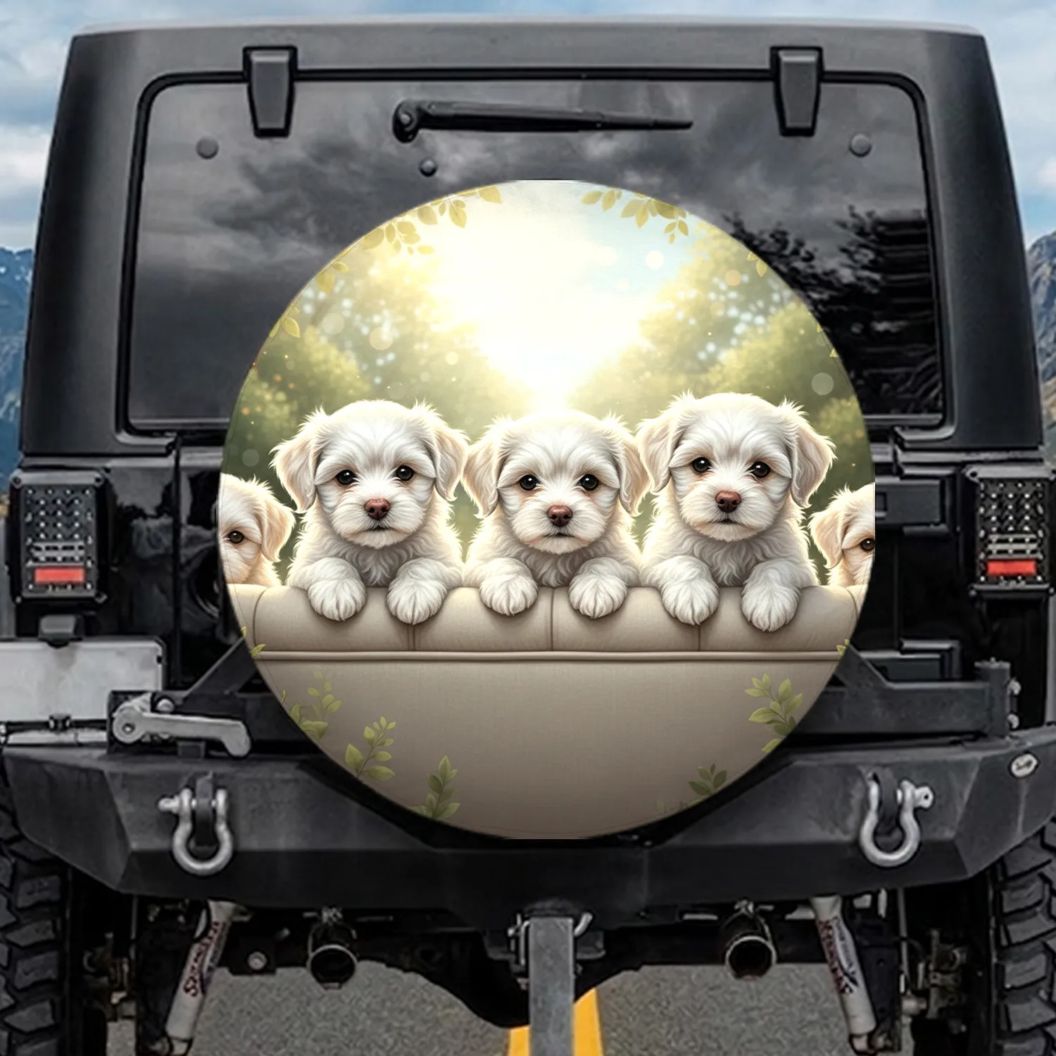 Four Fluffy White Maltese Puppies Peeking Outdoor Scene - Dog Lover Gift Spare Tire Cover - 1