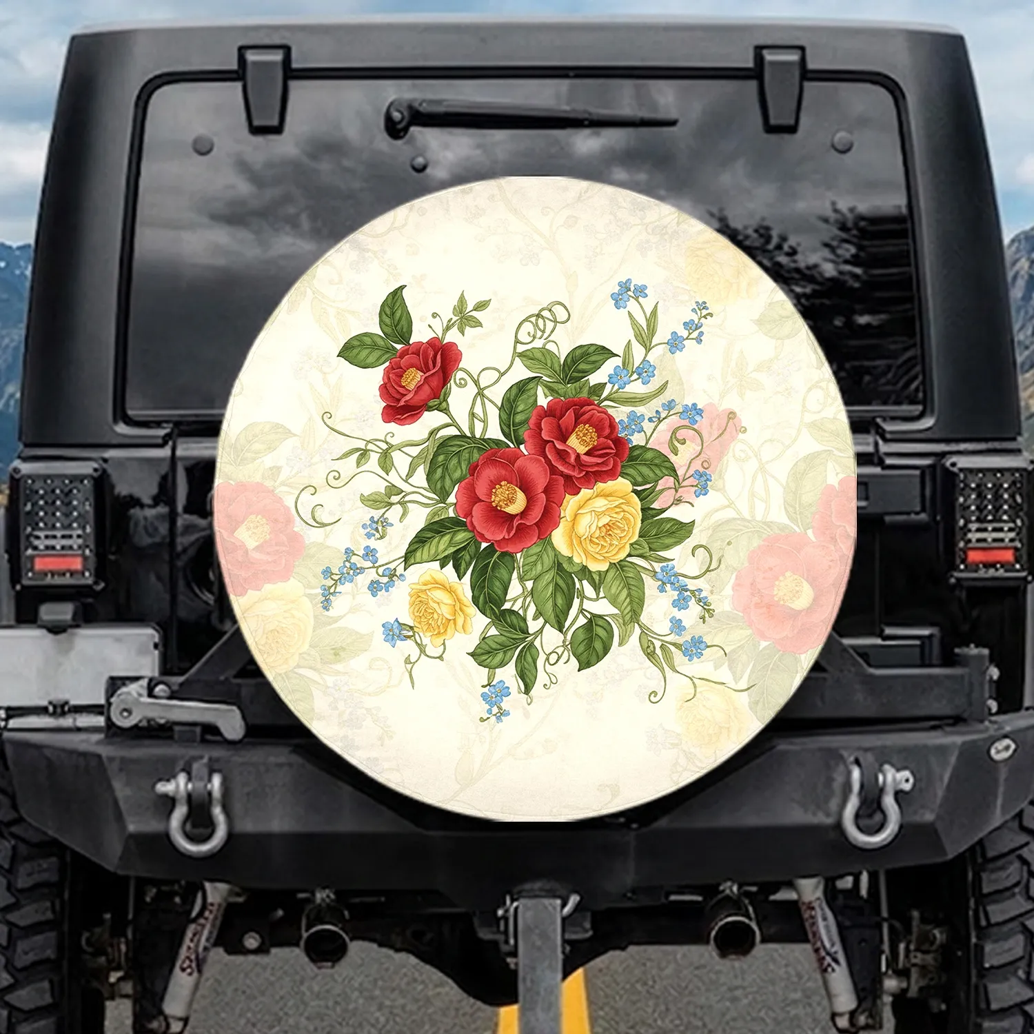 Red Yellow Floral Botanical Blossoms Vines Parchment - Home Decor Gift Spare Tire Cover - 1
