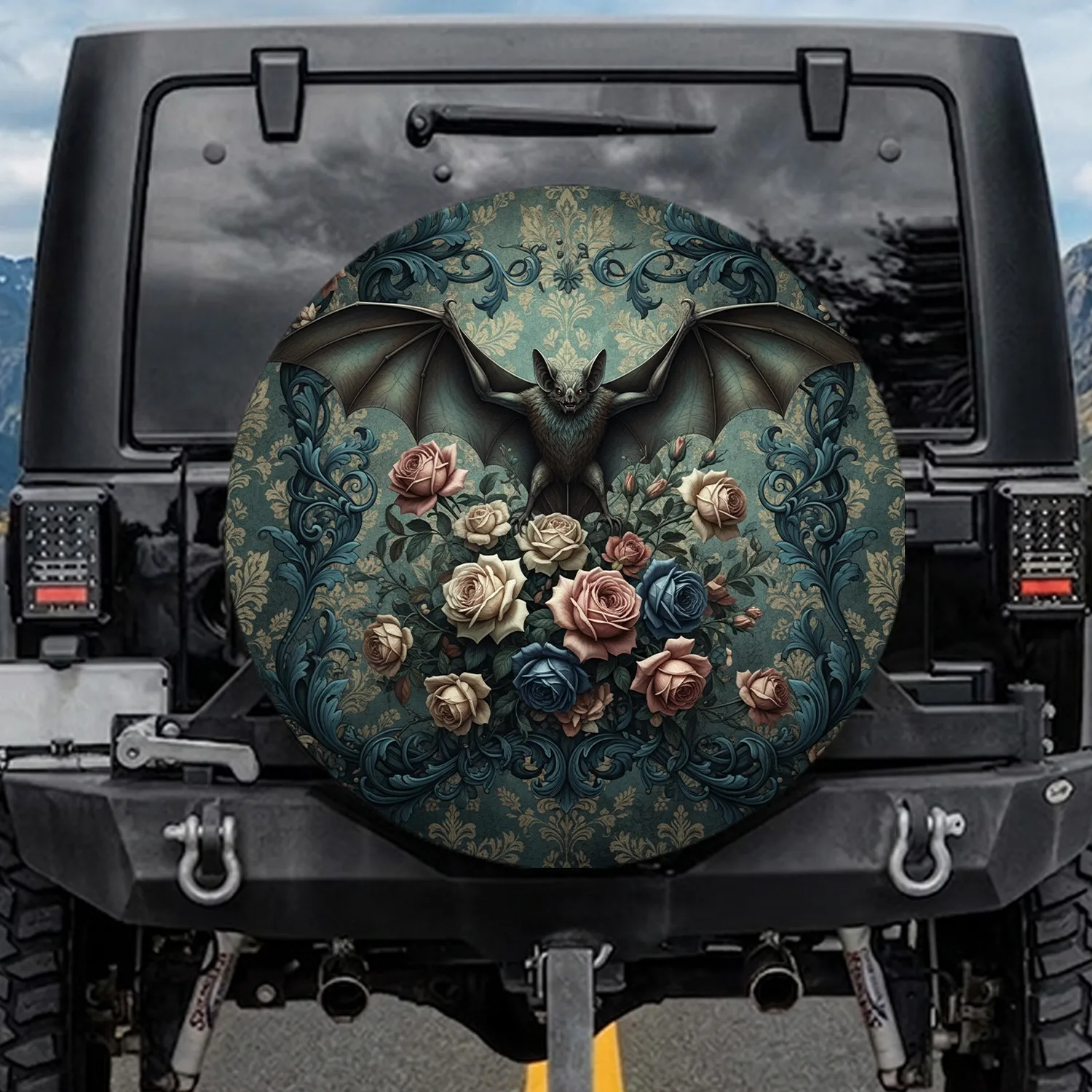 Bat Majestic Wings Vintage Roses Gothic Foliage - Gothic Home Decor Gift for Gothic Lover Spare Tire Cover - 1