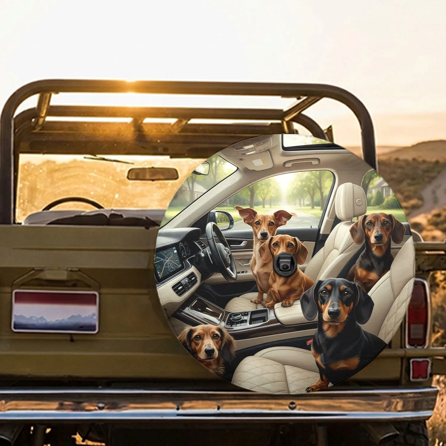 Dachshunds Driving Car Interior Scene - Road Trip Accessory for Dog Lovers Spare Tire Cover - 1