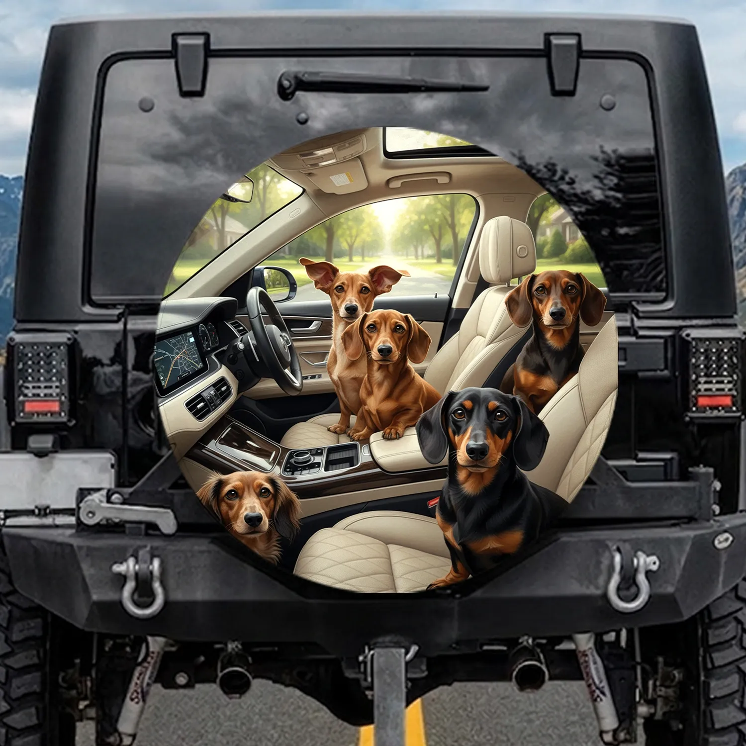 Dachshunds Driving Car Interior Scene - Road Trip Accessory for Dog Lovers Spare Tire Cover - 1