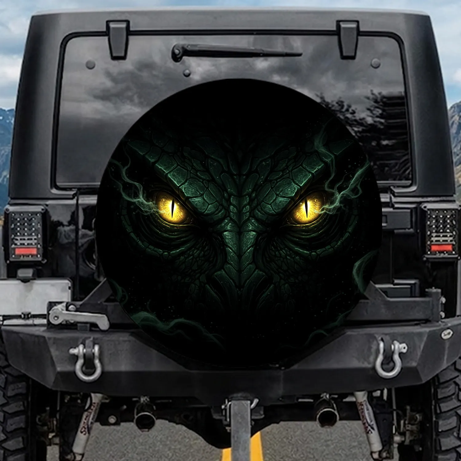 Shadowy Colossal Creature Emerald Glowing Eyes - Creature Lover Gift Spare Tire Cover - 1