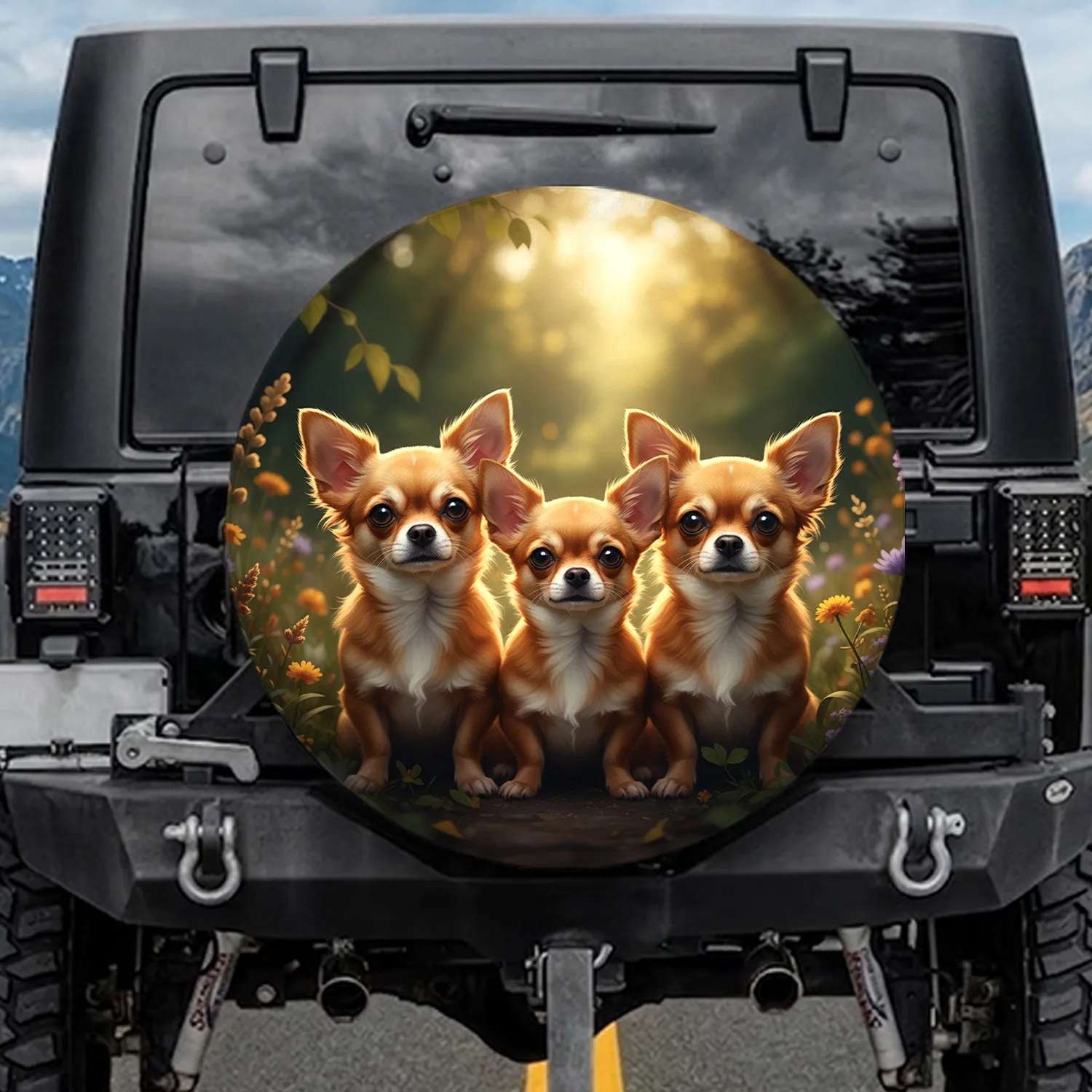 Chihuahua Dogs Golden Wildflower Garden - Dog Lover Gift for Chihuahua Owners Spare Tire Cover - 1