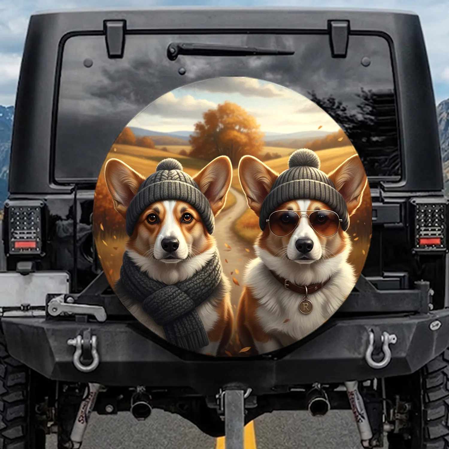 Corgi Dogs Beanies Sunglasses Autumn Landscape - Adventure Journey Gift Spare Tire Cover - 1
