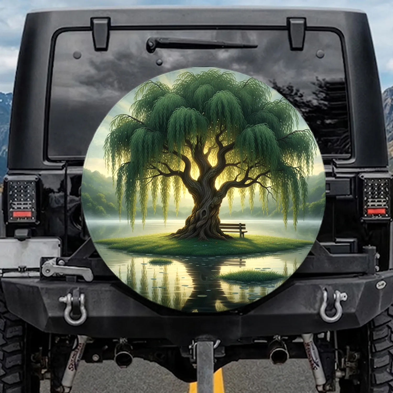 Weeping Willow Tree Golden Sunbeams Rustic Park Bench Lake Landscape - Outdoor Lifestyle Spare Tire Cover - 1