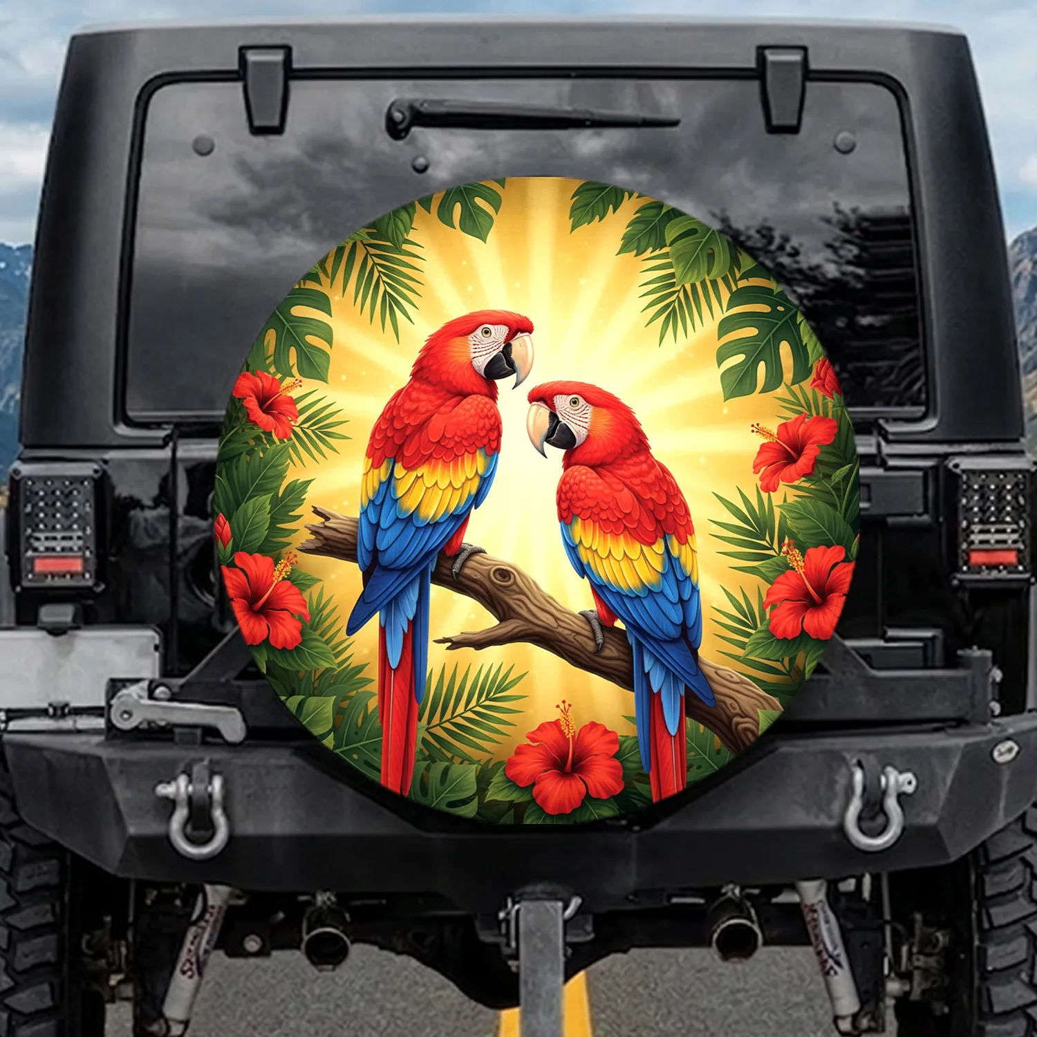 Scarlet Macaw Tropical Hibiscus Foliage - Wildlife Lover Gift for Bird Lover Spare Tire Cover - 1