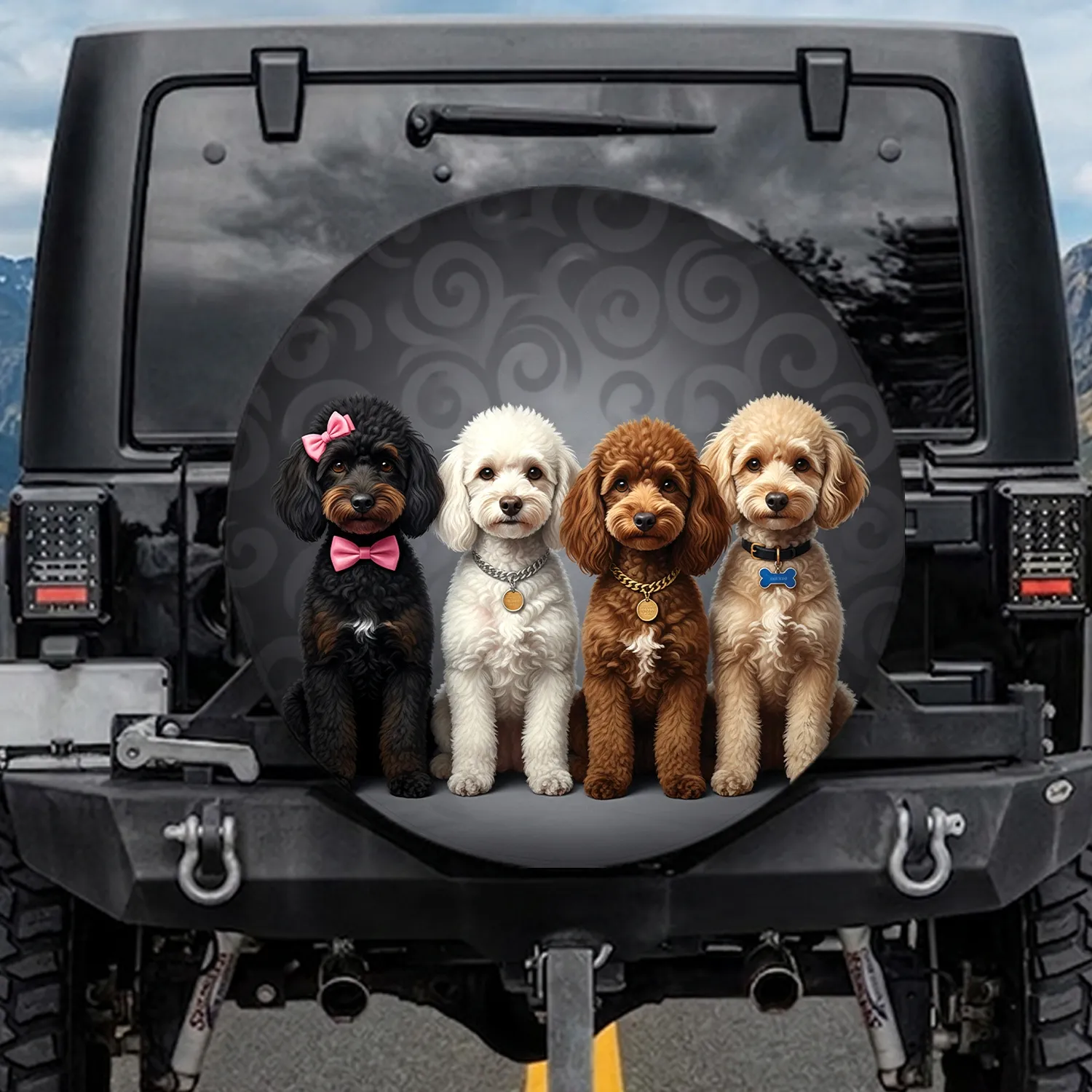 Four Poodles Pink Bow Silver Gold Black Collar - Pet Owner Home Decor Gift Spare Tire Cover - 1