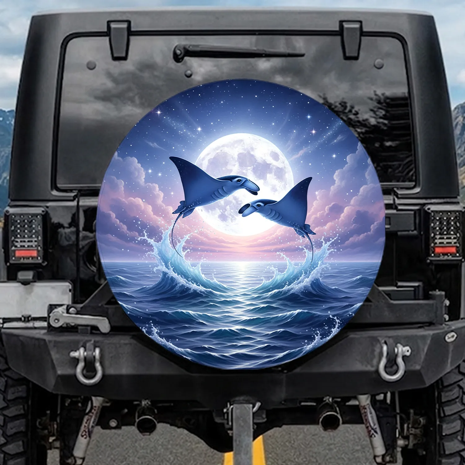 Majestic Deep Blue Manta Ray Cosmic Stars Leaping Ocean Twilight Sky - Wildlife Lover Gift Spare Tire Cover - 1