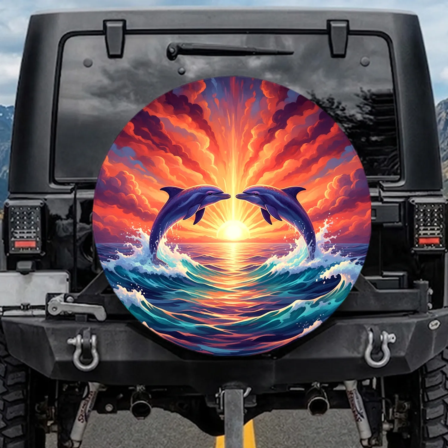 Meeting Dolphins Turbulent Ocean Waves Sunset Sunburst Scene - Marine Life Lover Gift Spare Tire Cover - 1