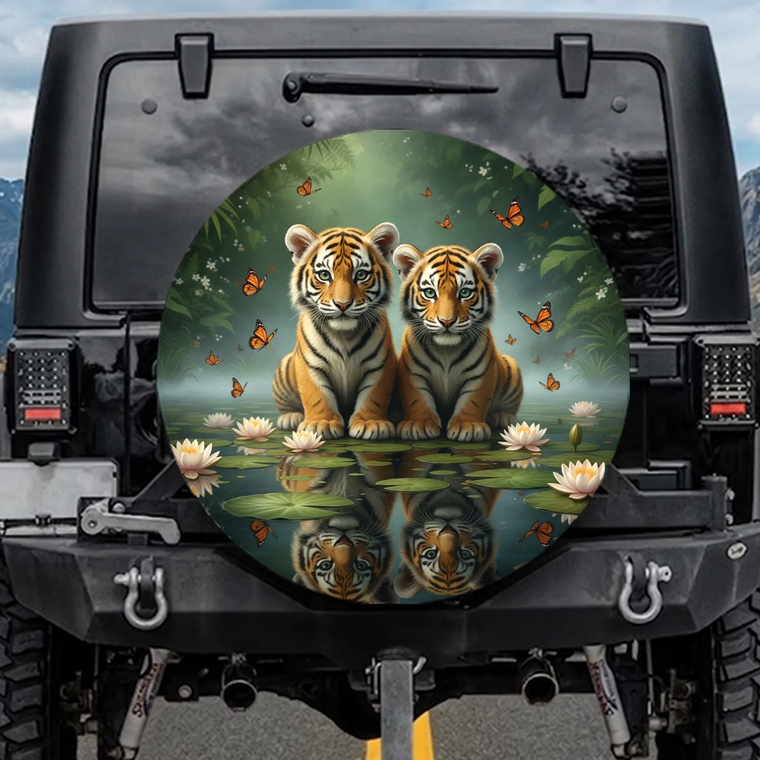 Bengal Tiger Cubs Lily Pad Water Lilies Jungle Pond - Wildlife Lover Gift Spare Tire Cover - 1