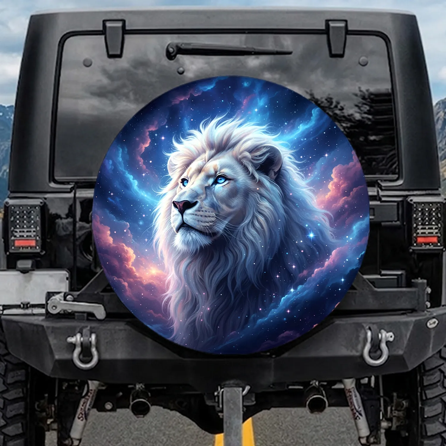 White Lion Cosmic Nebula Sky - Fantasy Wildlife Art Gift Spare Tire Cover - 1