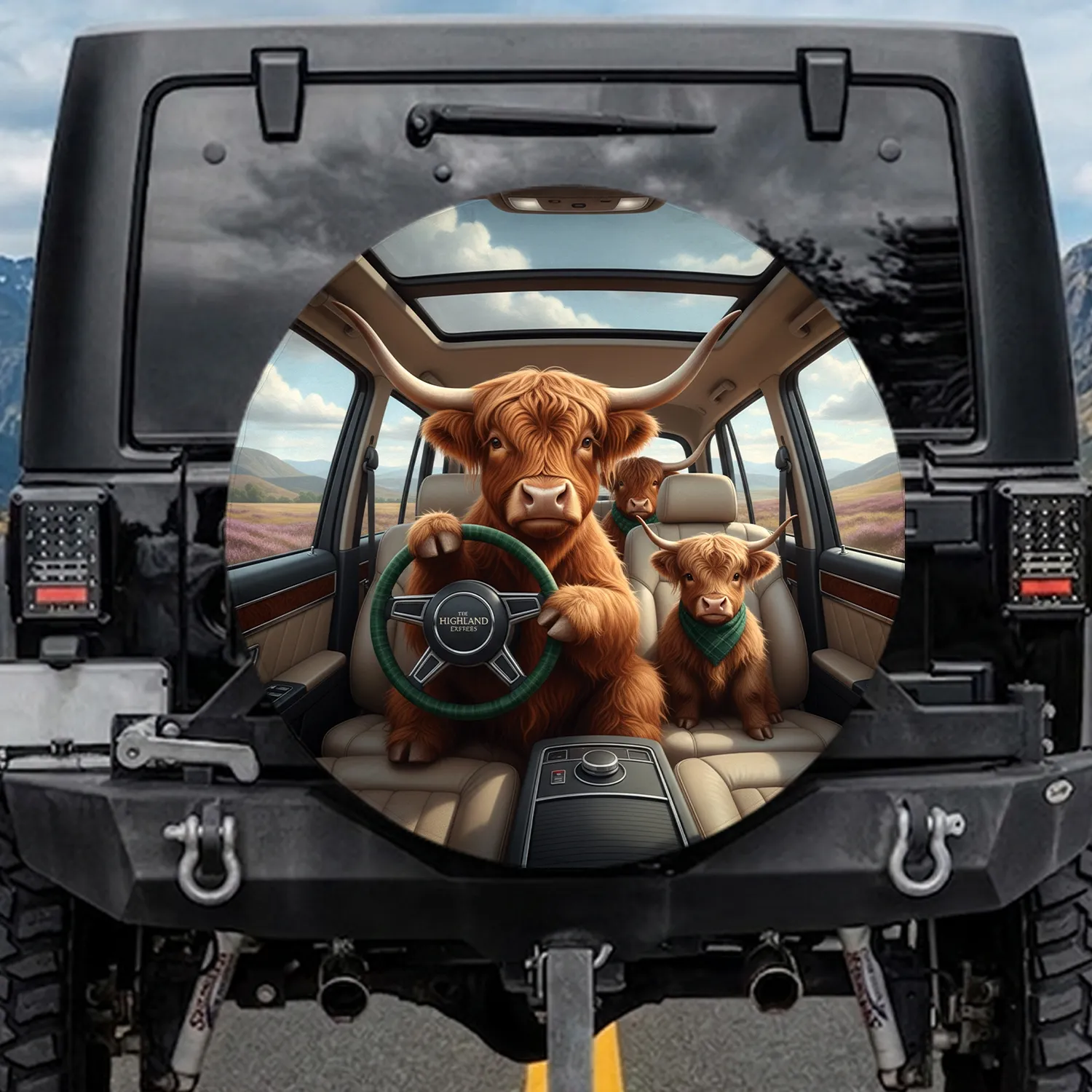 Highland Cow Plaid Steering Wheel Road Trip - Adventure Lover Gift Spare Tire Cover - 1