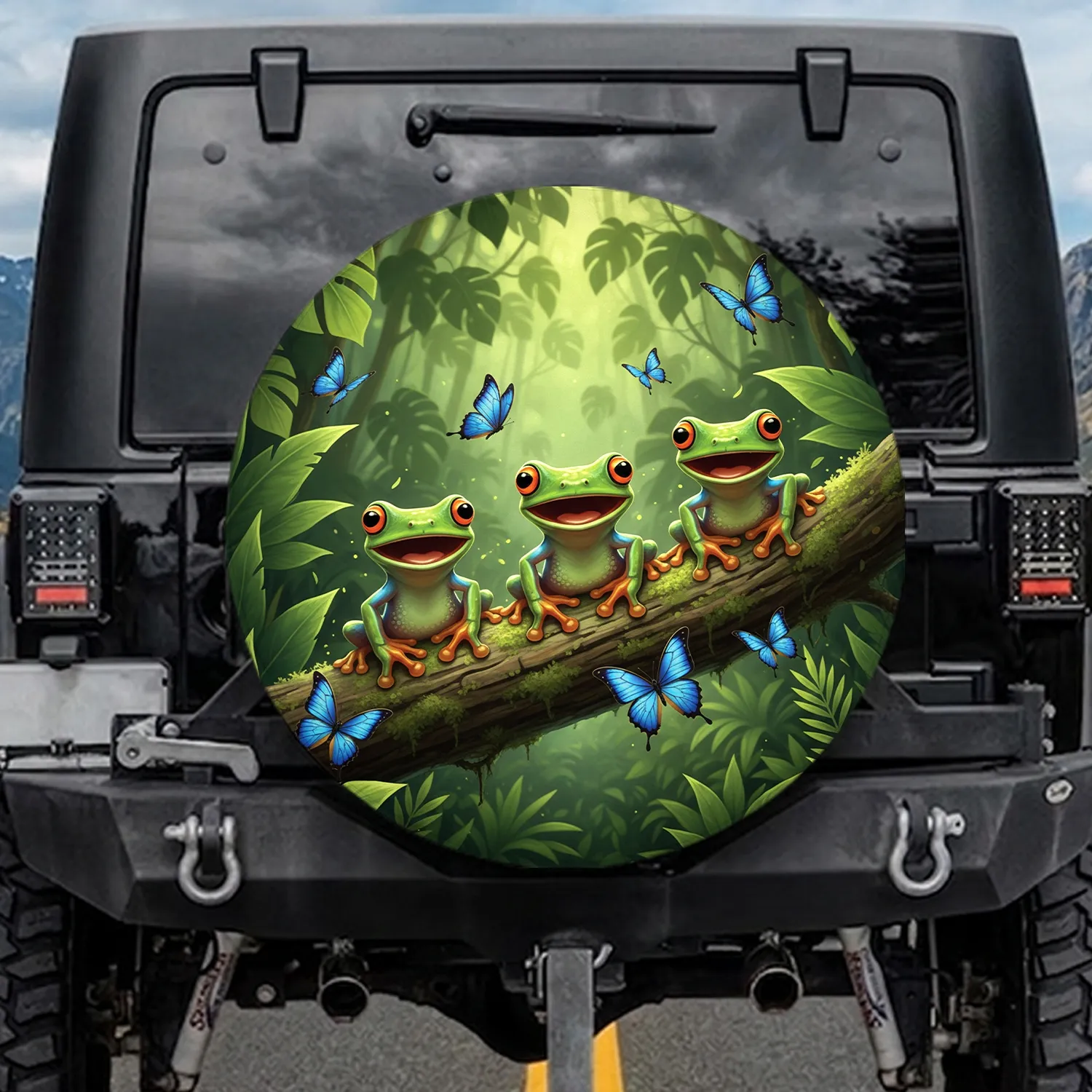 Expressive Tree Frogs Blue Butterflies Tropical Rainforest - Wildlife Lover Gift Spare Tire Cover - 1