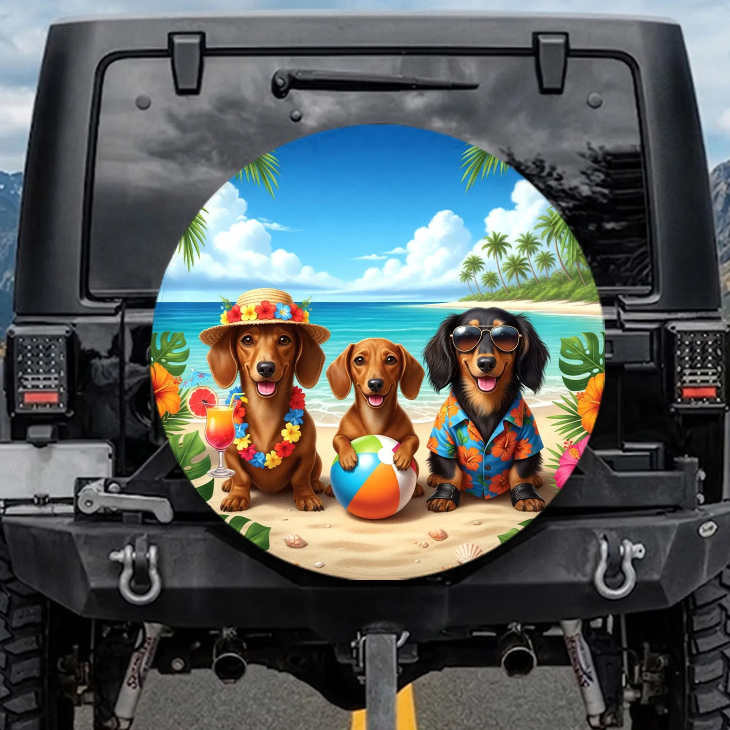 Dachshund Dogs Hawaiian Beach - Road Trip Gift for Dog Lover Spare Tire Cover - 1