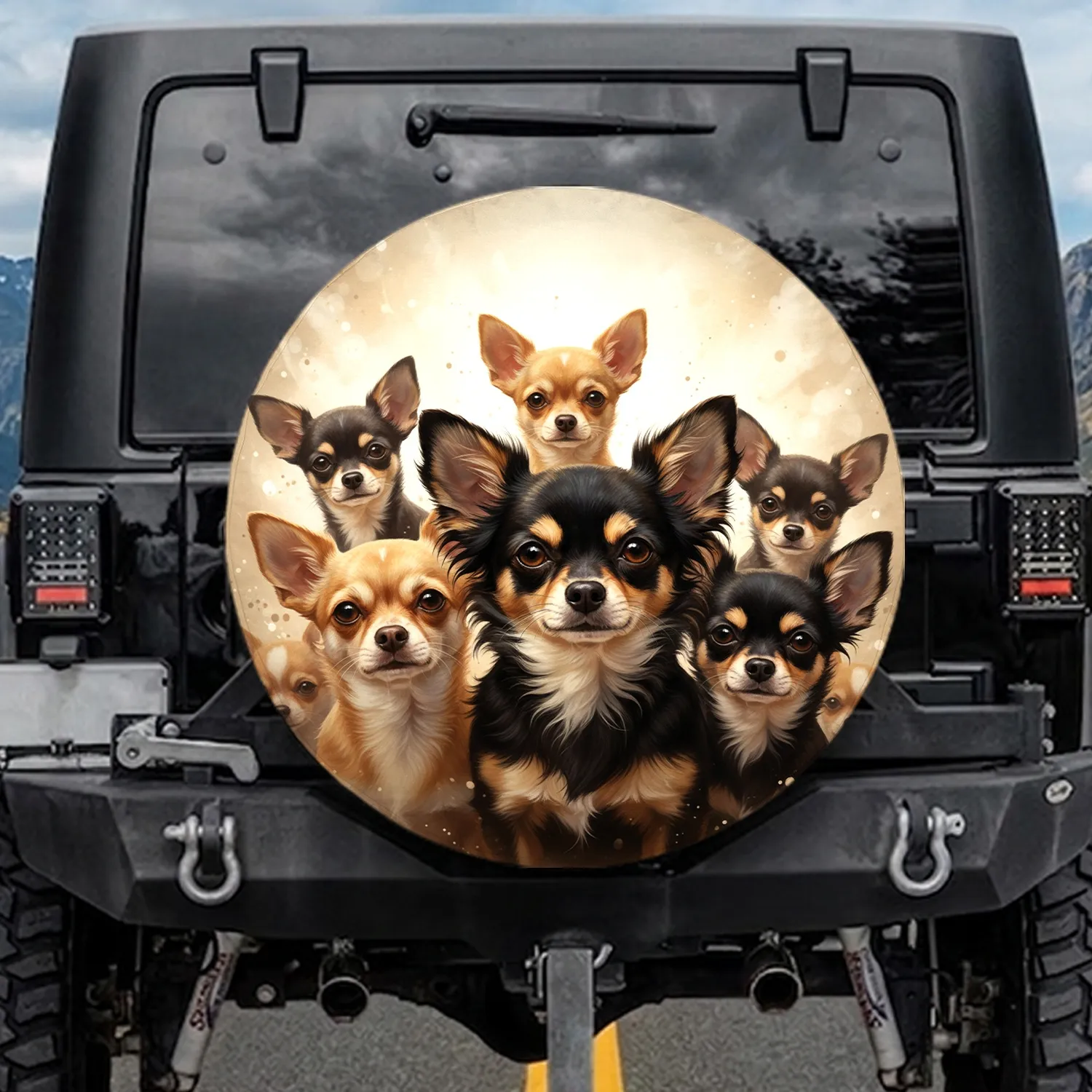 Seven Fawn Black Tan Chihuahua Dog Portrait - Pet Parent Home Decor Gift Spare Tire Cover - 1