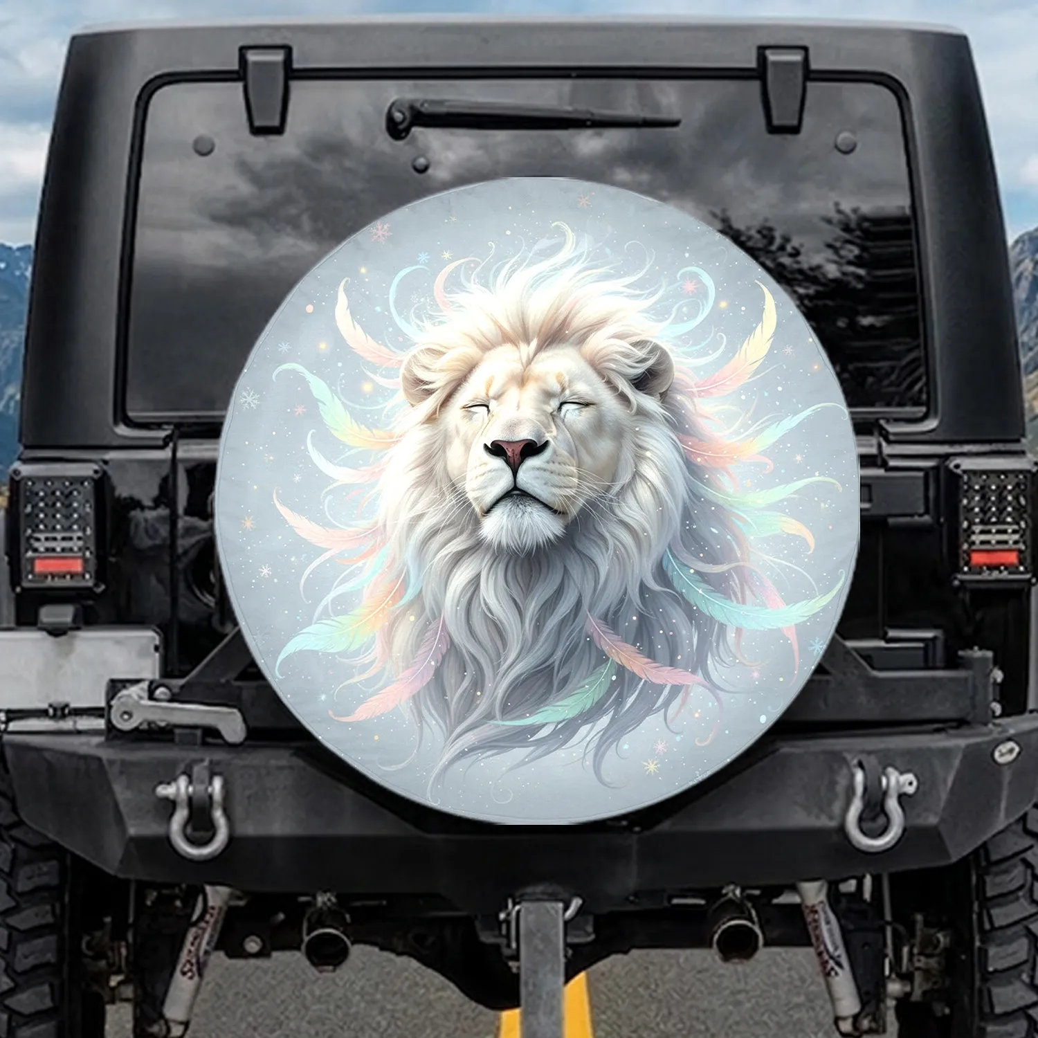 White Lion Head Rainbow Tendrils Snowflakes Sky - Fantasy Lover Gift Spare Tire Cover - 1