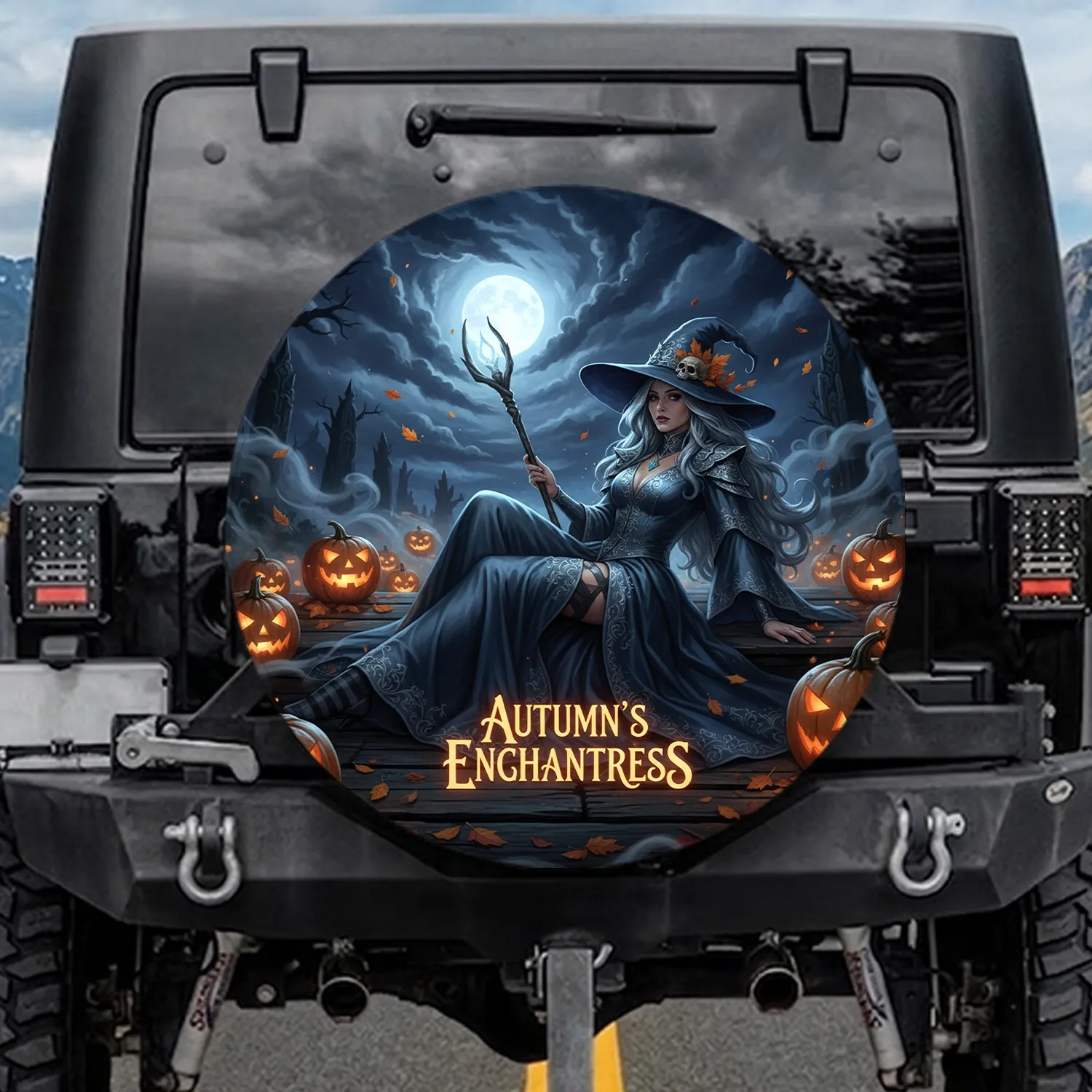 Sorceress Witch Hat Skull Jack-o'-lanterns Spectral Trees Autumn Moon - Halloween Party Gift Spare Tire Cover - 1