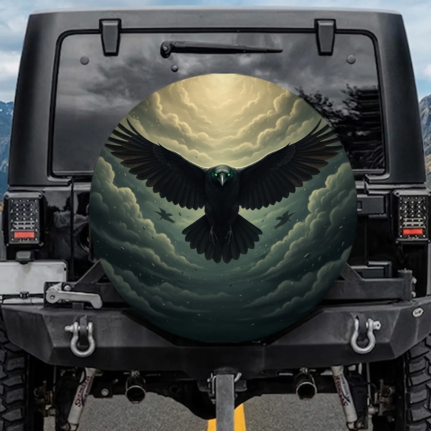 Black Crow Flight Wings Spread - Storm Clouds Sky Wildlife Lover Gift Spare Tire Cover - 1