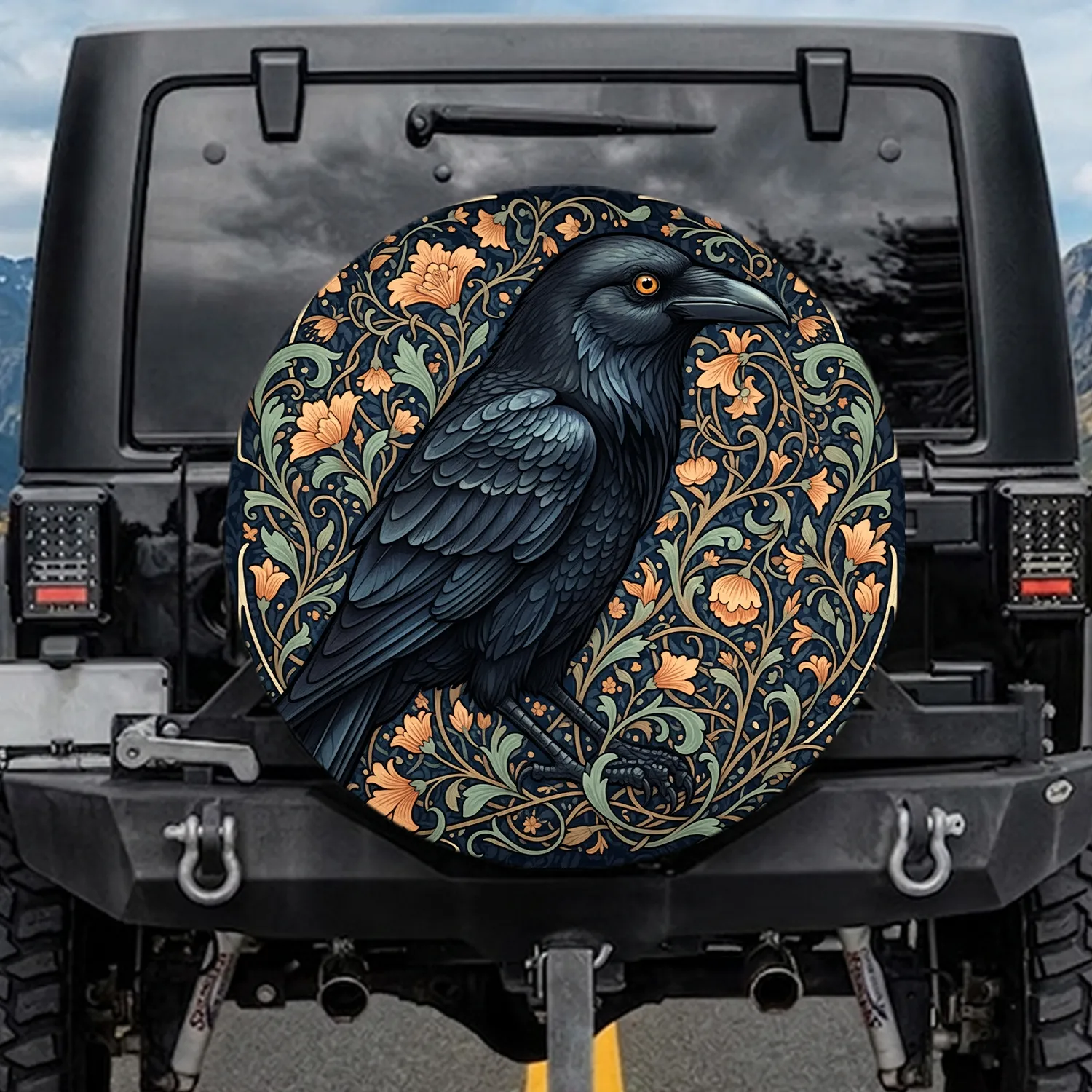 Majestic Raven Art Nouveau Botanical Swirling Vines Blossoms - Wildlife Lover Gift Spare Tire Cover - 1